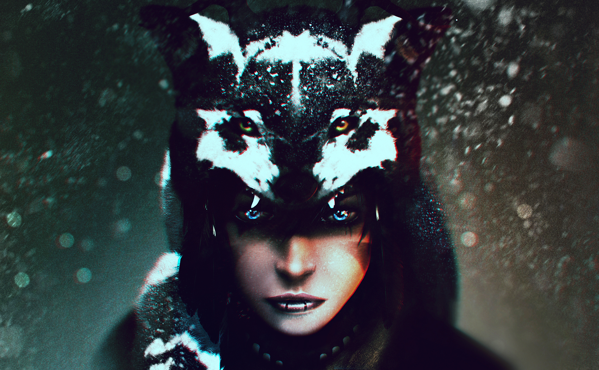 wolf, fantasy, women, blue eyes, fur, hat HD wallpaper