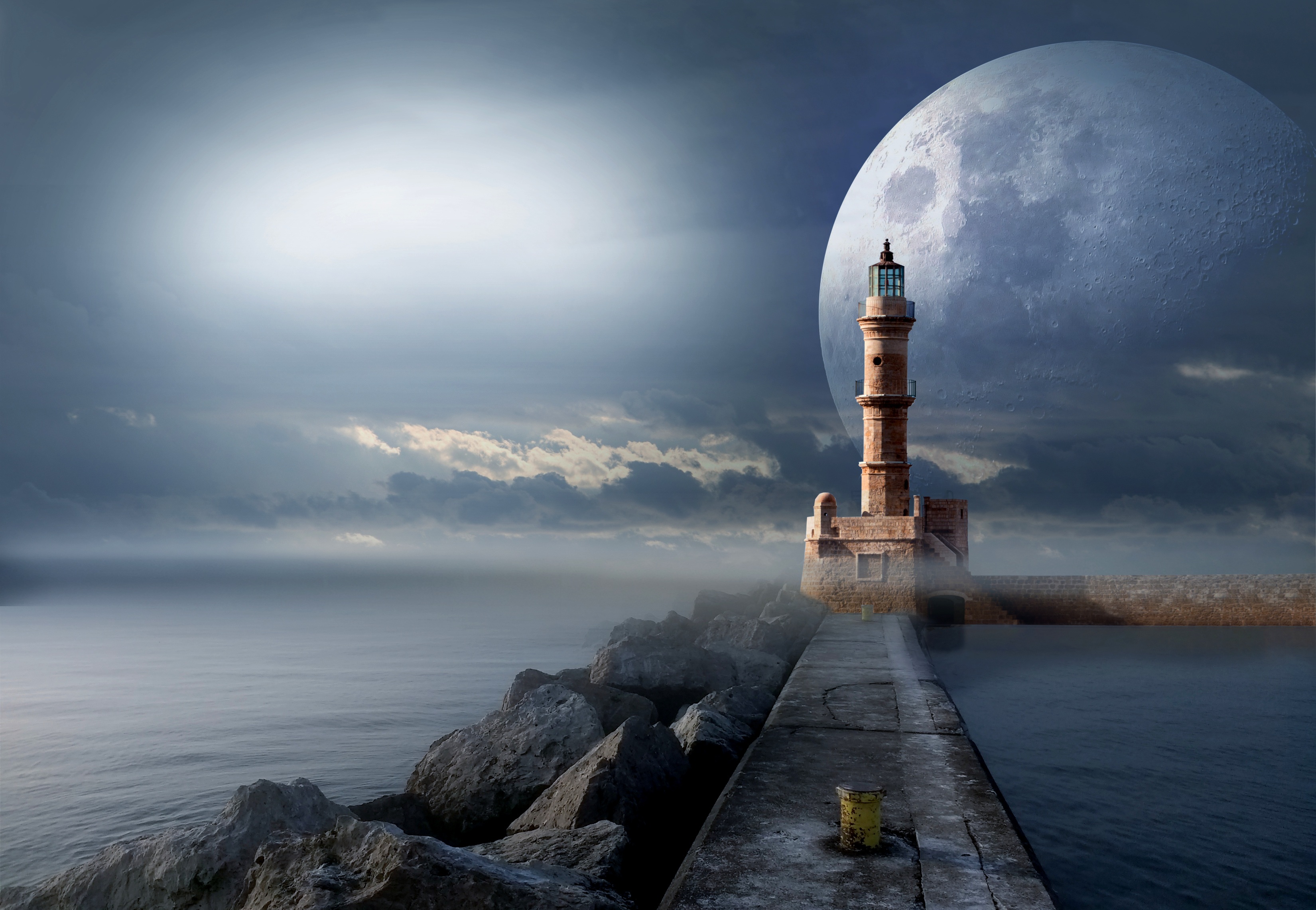 pier, fantasy, lighthouse, moon, sea HD wallpaper