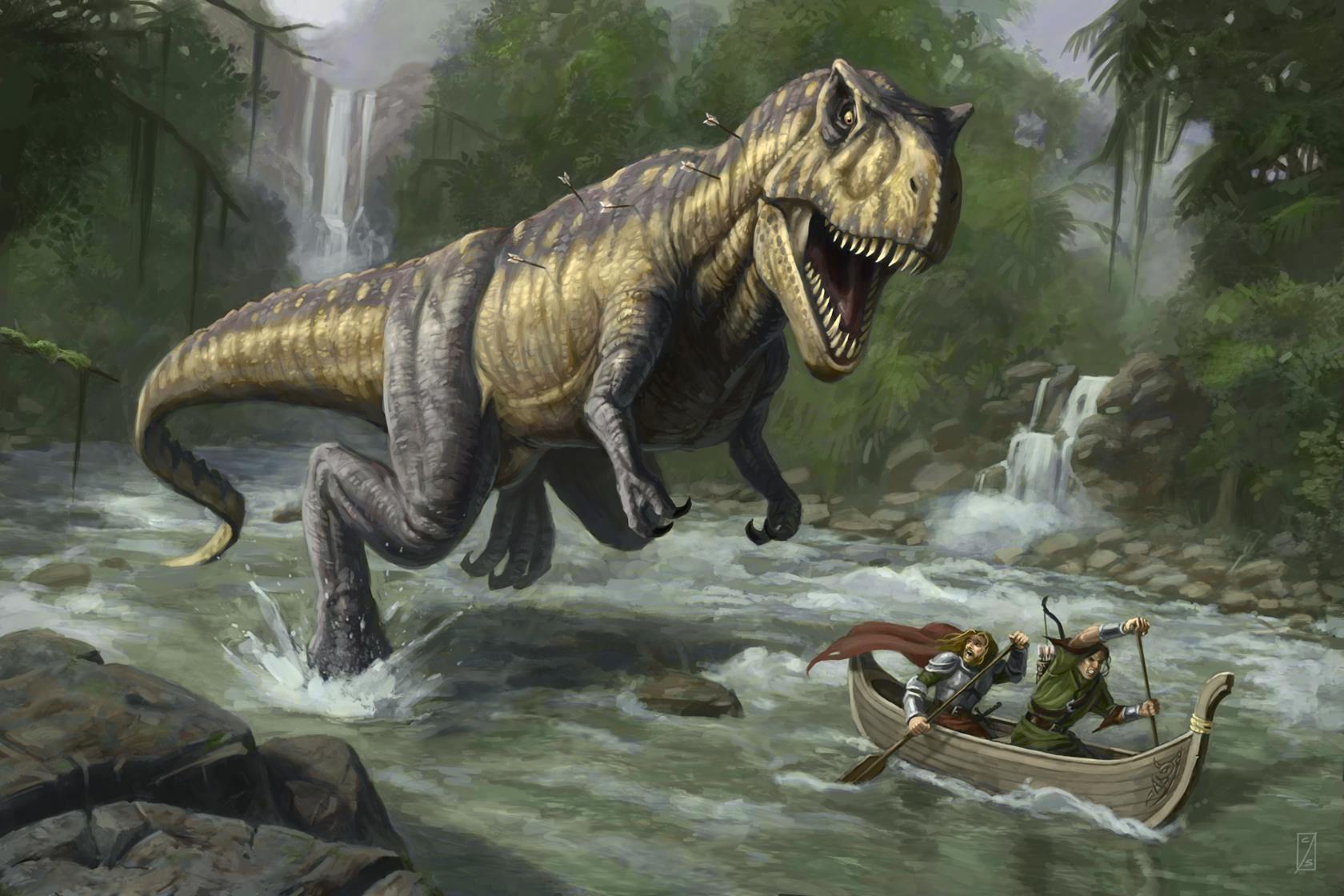 Скачать картинку Динозавры, Река, Животные, Лодки, Фэнтези в телефон бесплатно.