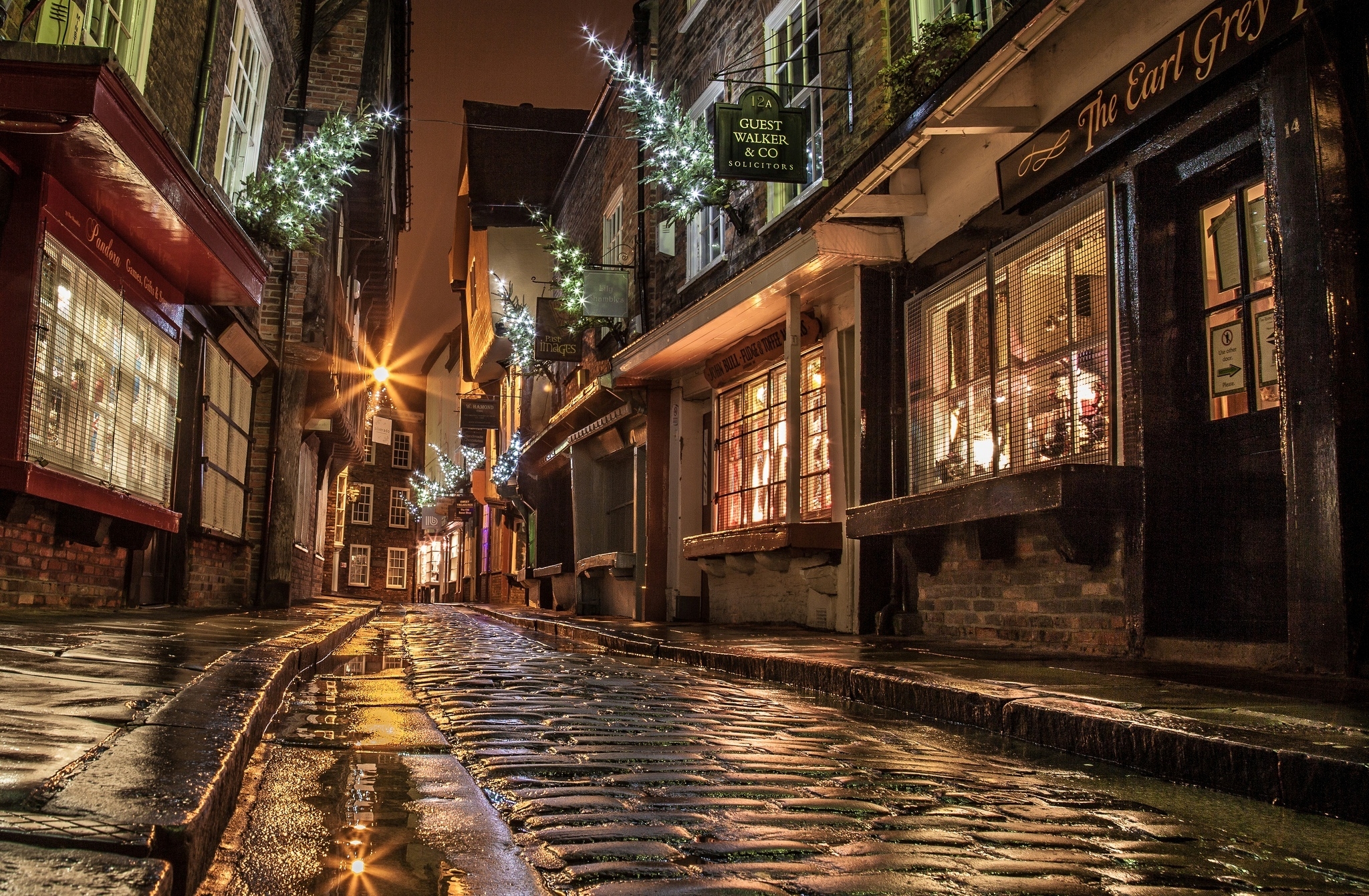 light, new year, street, sett, miscellanea, paving stones, shine, windows, houses, miscellaneous, evening, night, road, christmas, shops, england wallpapers for tablet