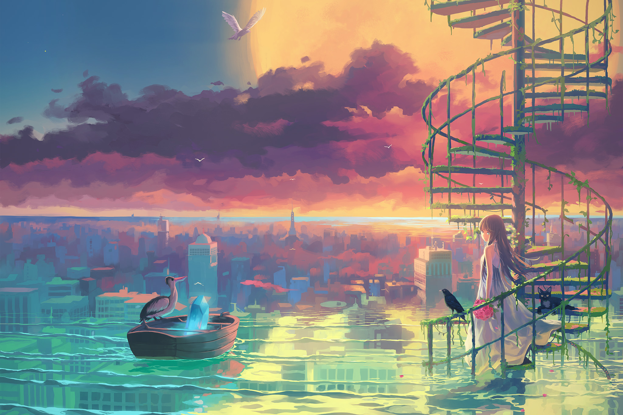 anime, original, bird, boat, cat, city, cloud, crystal, scenic, spiral staircase, white dress