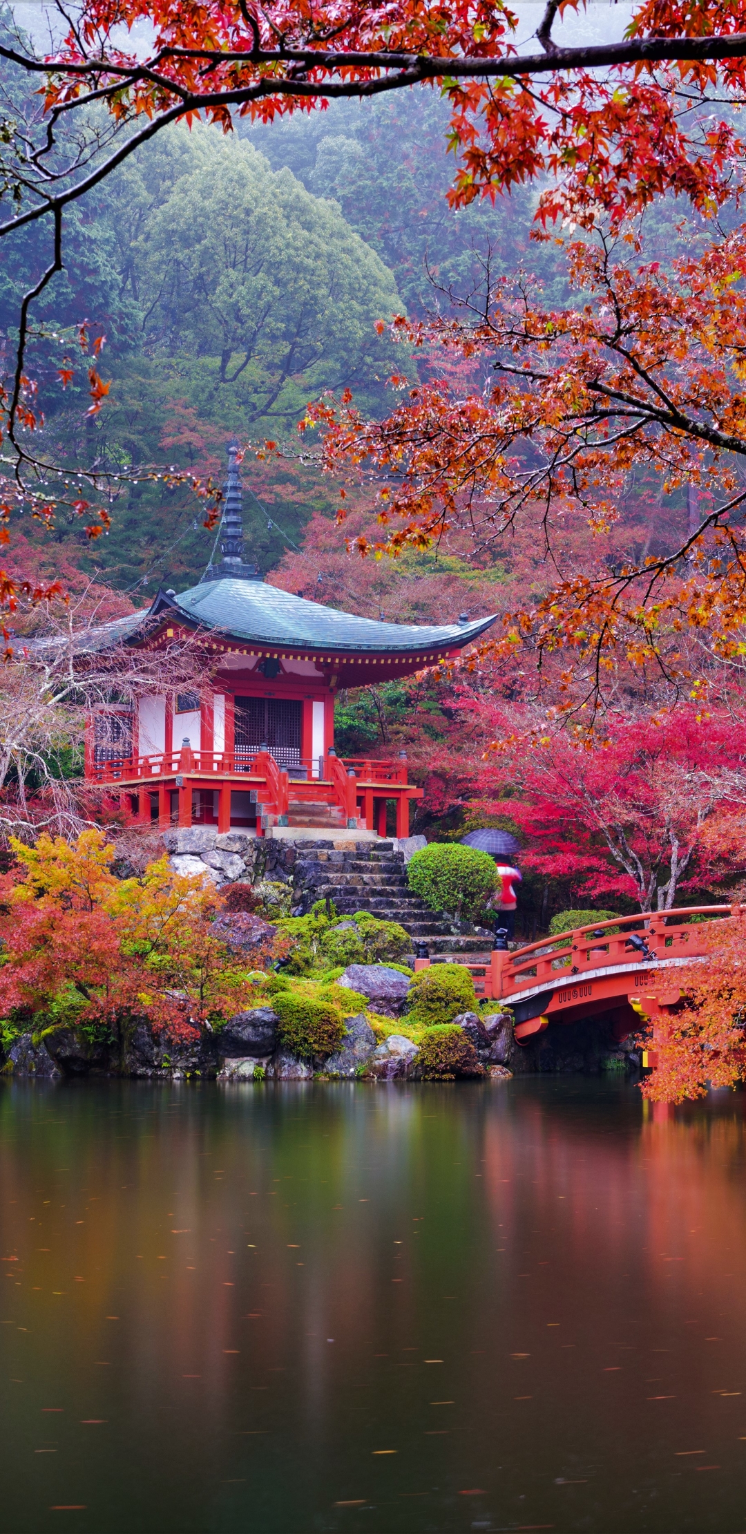 Download mobile wallpaper Fall, Bridge, Pagoda, Garden, Temples, Religious, Japanese Garden, Daigo Ji for free.