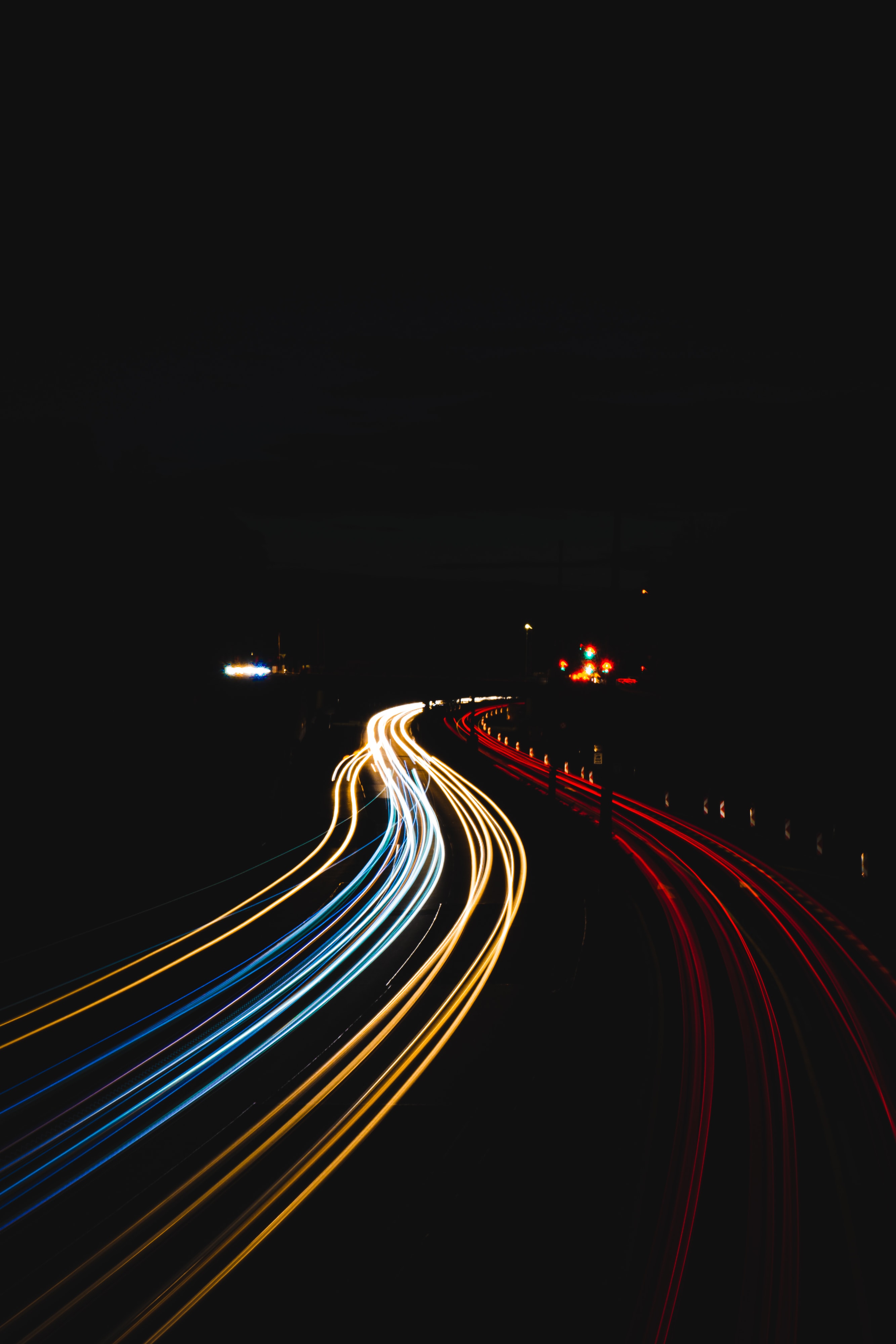 long exposure, night, lights, dark, road