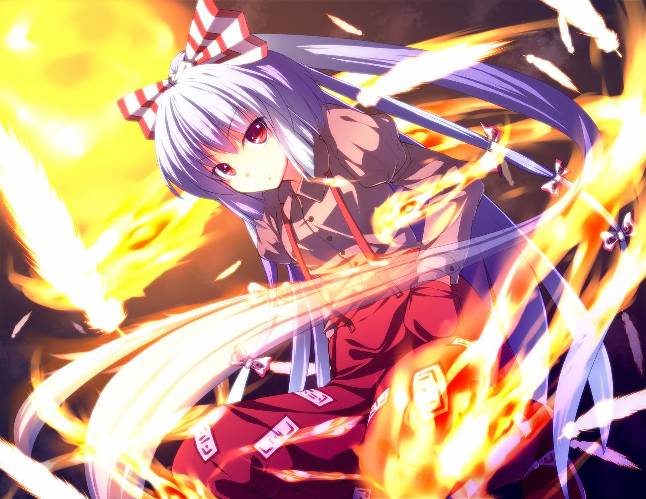 touhou, fujiwara no mokou, fire, anime, feather, flame, red, shrine maiden lock screen backgrounds