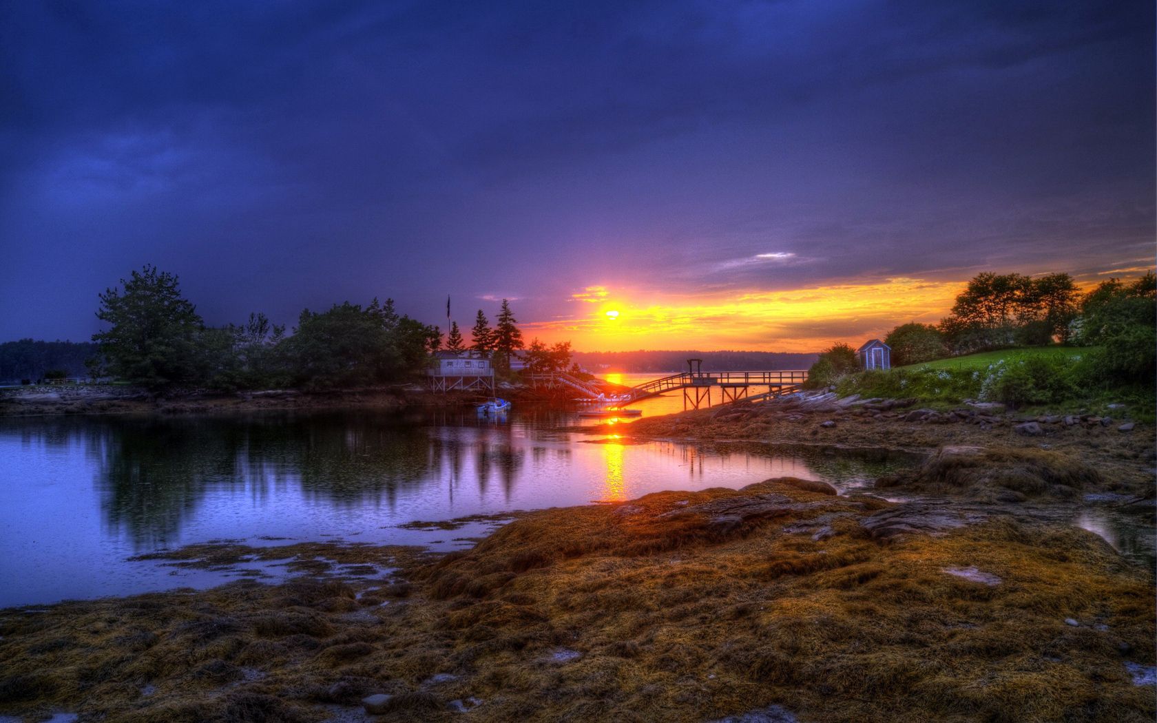 colors, nature, sunset, boats, lake, bank, shore, bridge, color, evening, rocky, stony Smartphone Background