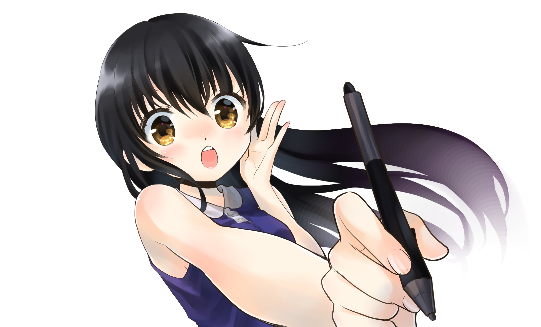 anime, original, black hair, blush, long hair, pen, yellow eyes