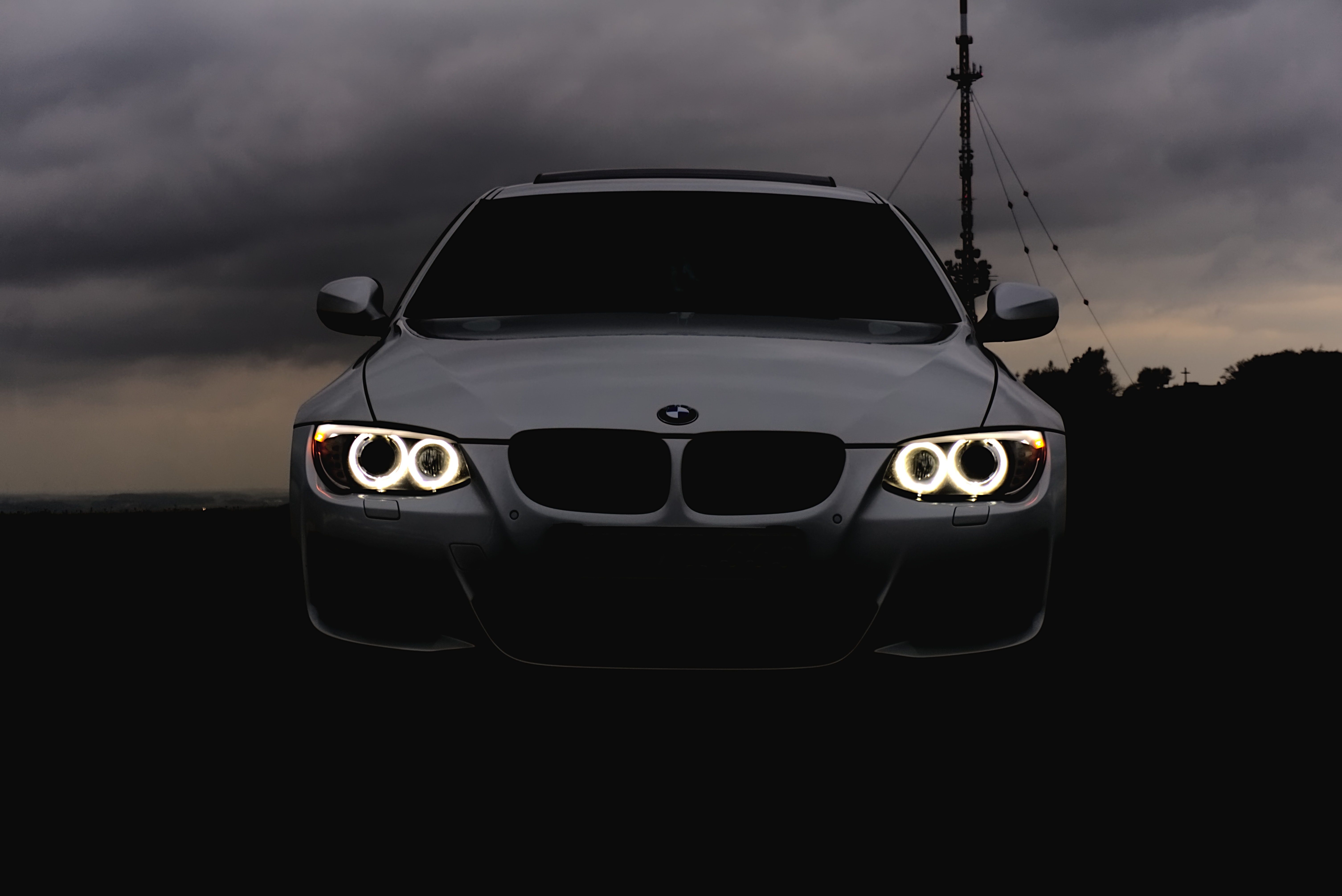 1920 x 1080 picture car, bmw, cars, clouds, lights, mainly cloudy, overcast, headlights