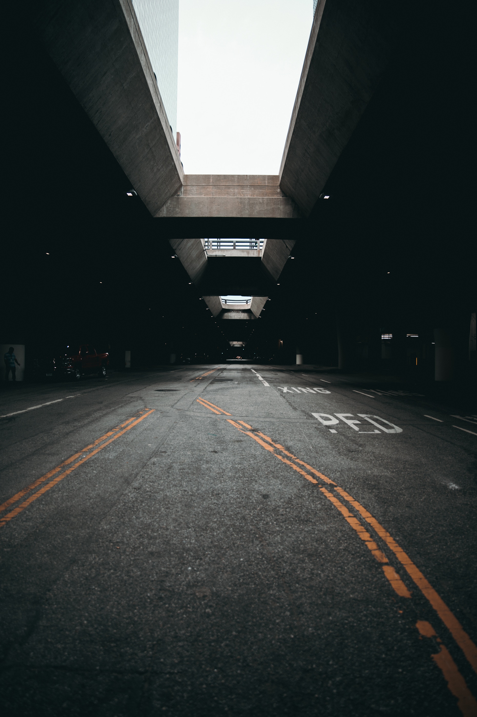 asphalt, cities, architecture, design, construction, parking, road markings, shed, canopy 8K