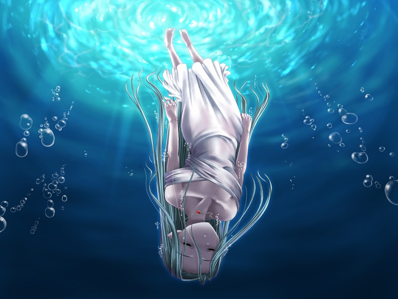 girl, upside down, anime, bubble, underwater