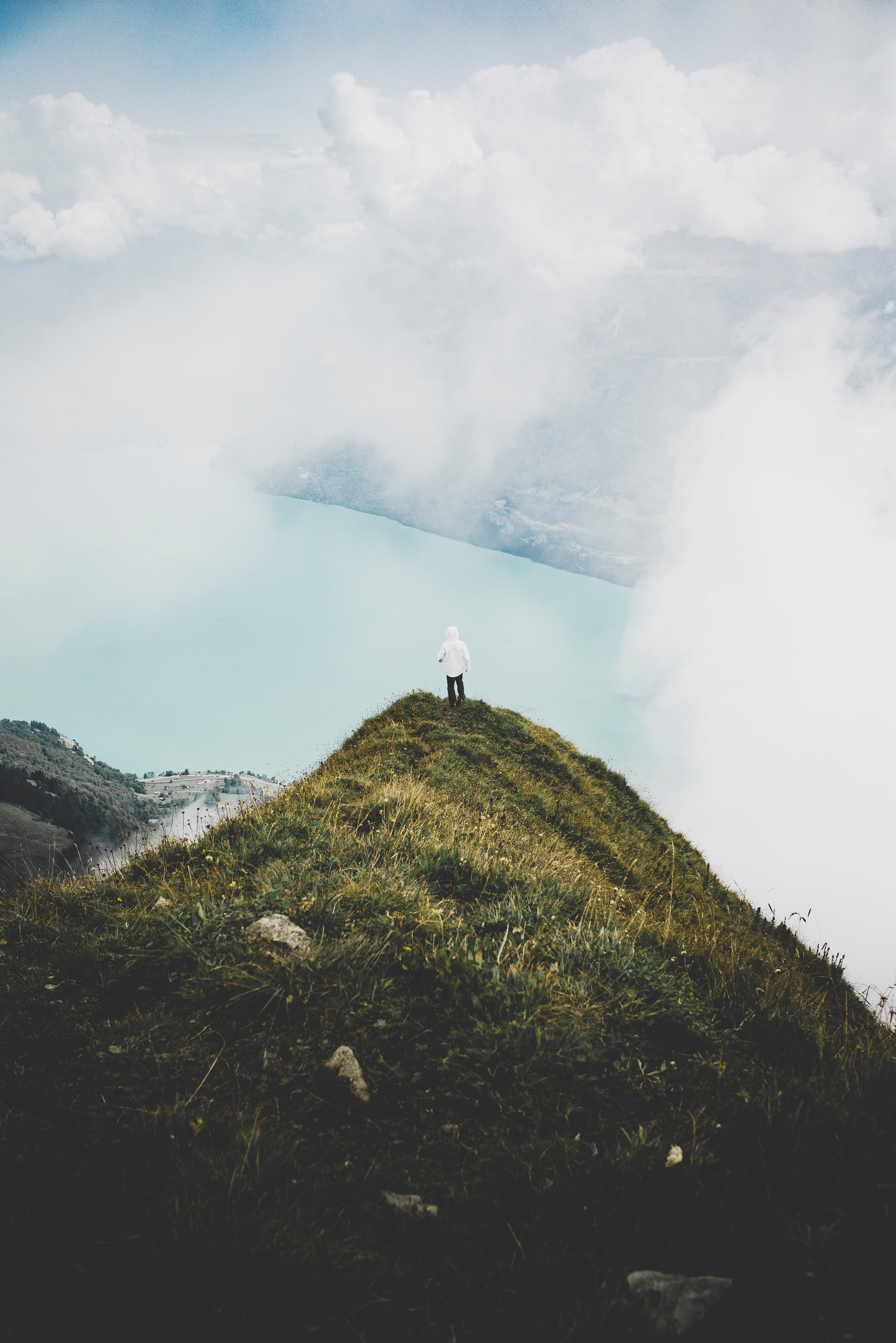 nature, clouds, mountain, vertex, top, privacy, seclusion, human, person, loneliness, alone, lonely Desktop Wallpaper