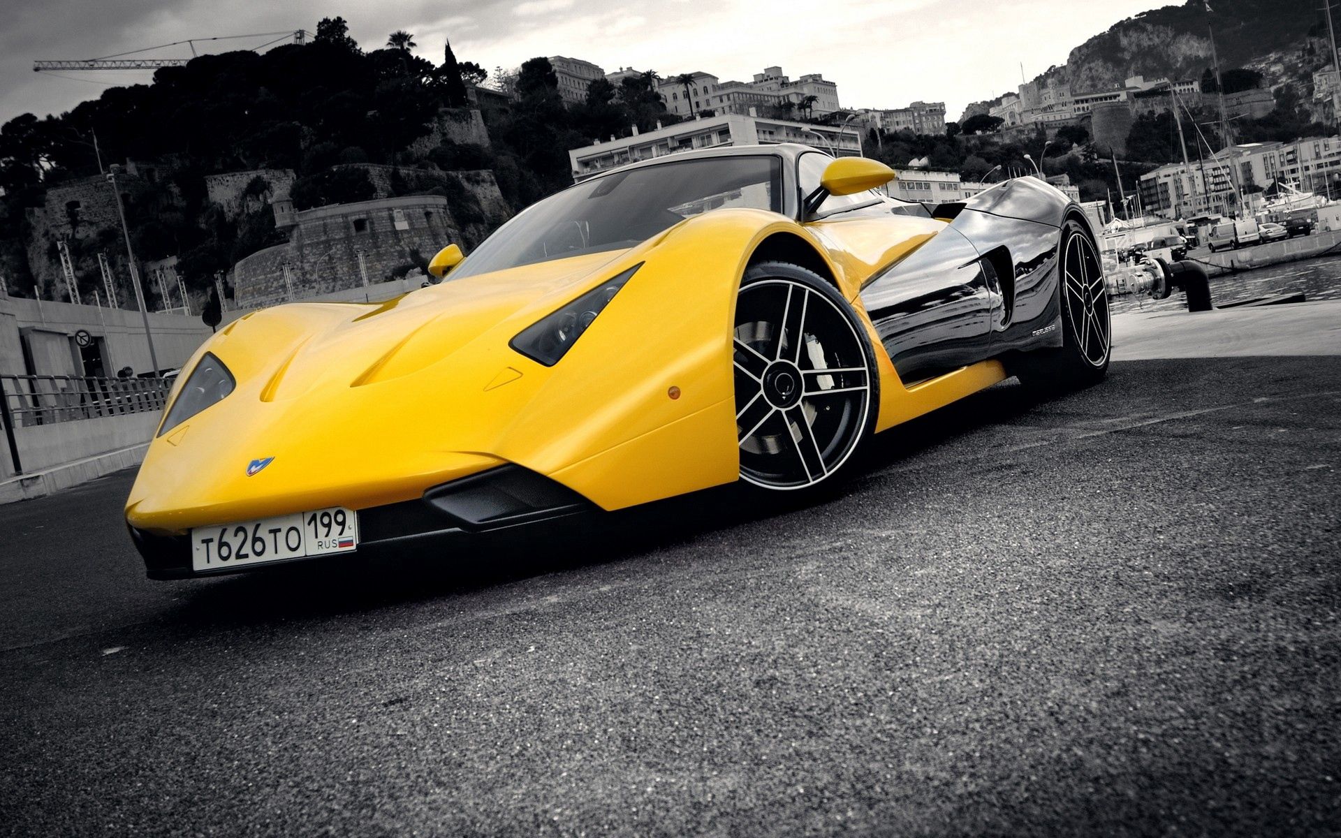 yellow, cars, city, grey, front bumper, marussia