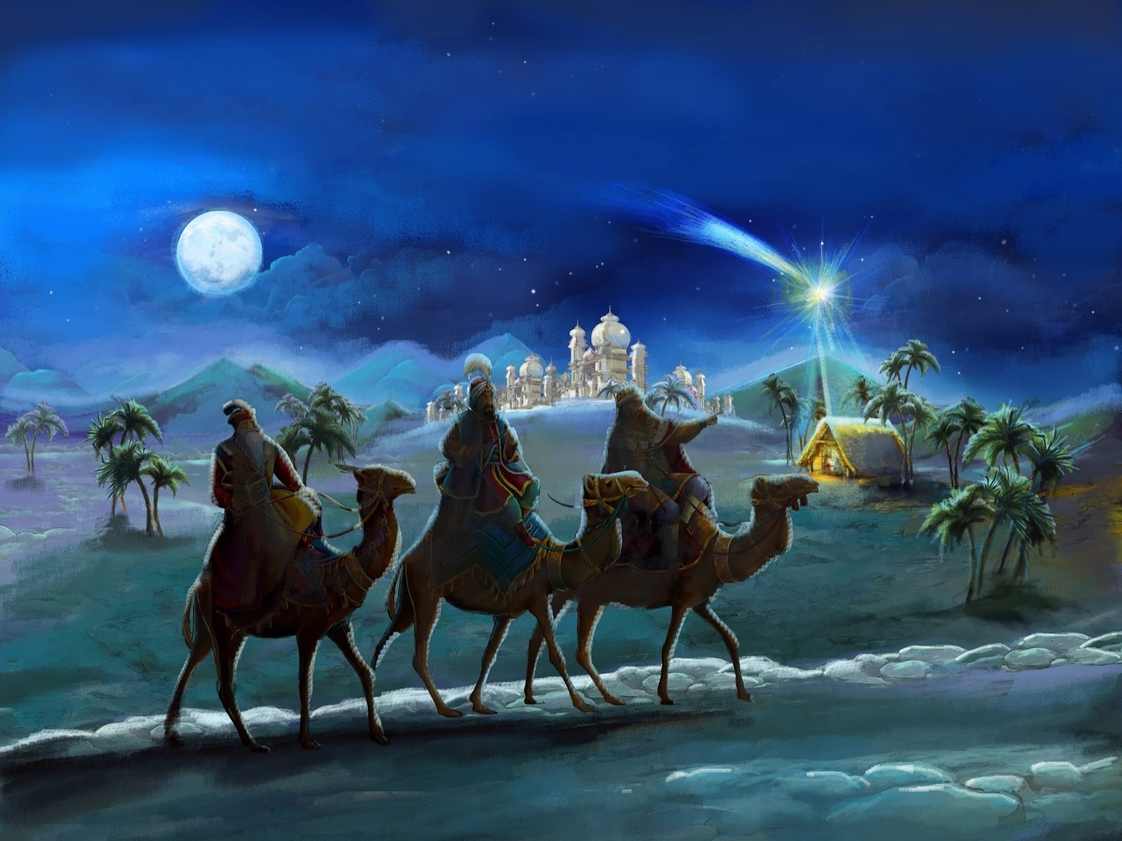 873099 скачать картинку рождество, праздничные, верблюды, пустыня, луна, ночь, дворец, звёзды, три мудреца - обои и заставки бесплатно