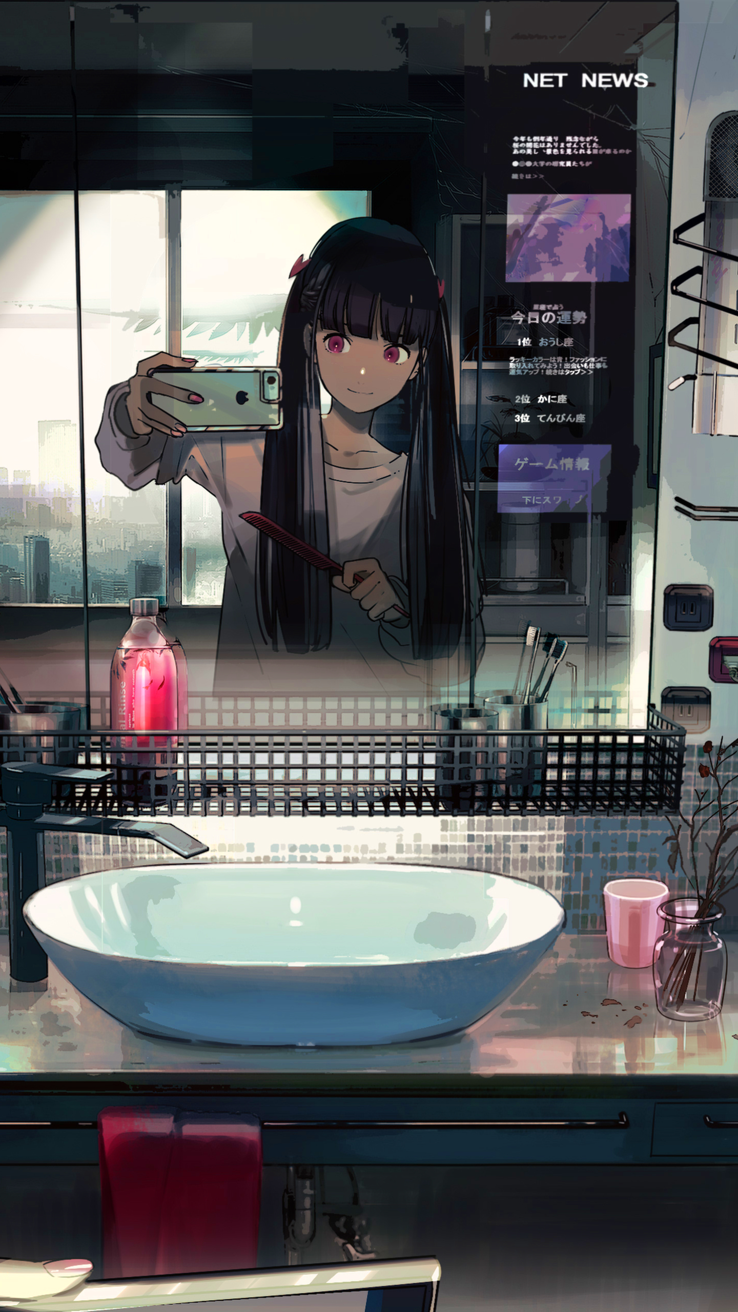 anime, room, twintails, selfie, long hair, black hair, bathroom, smartphone