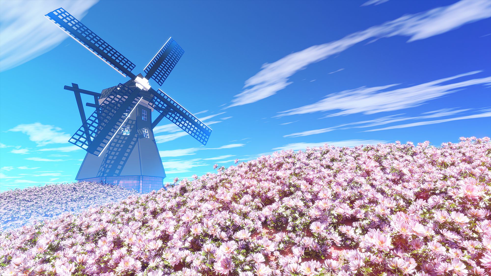 anime, original, flower, mill, sky HD wallpaper