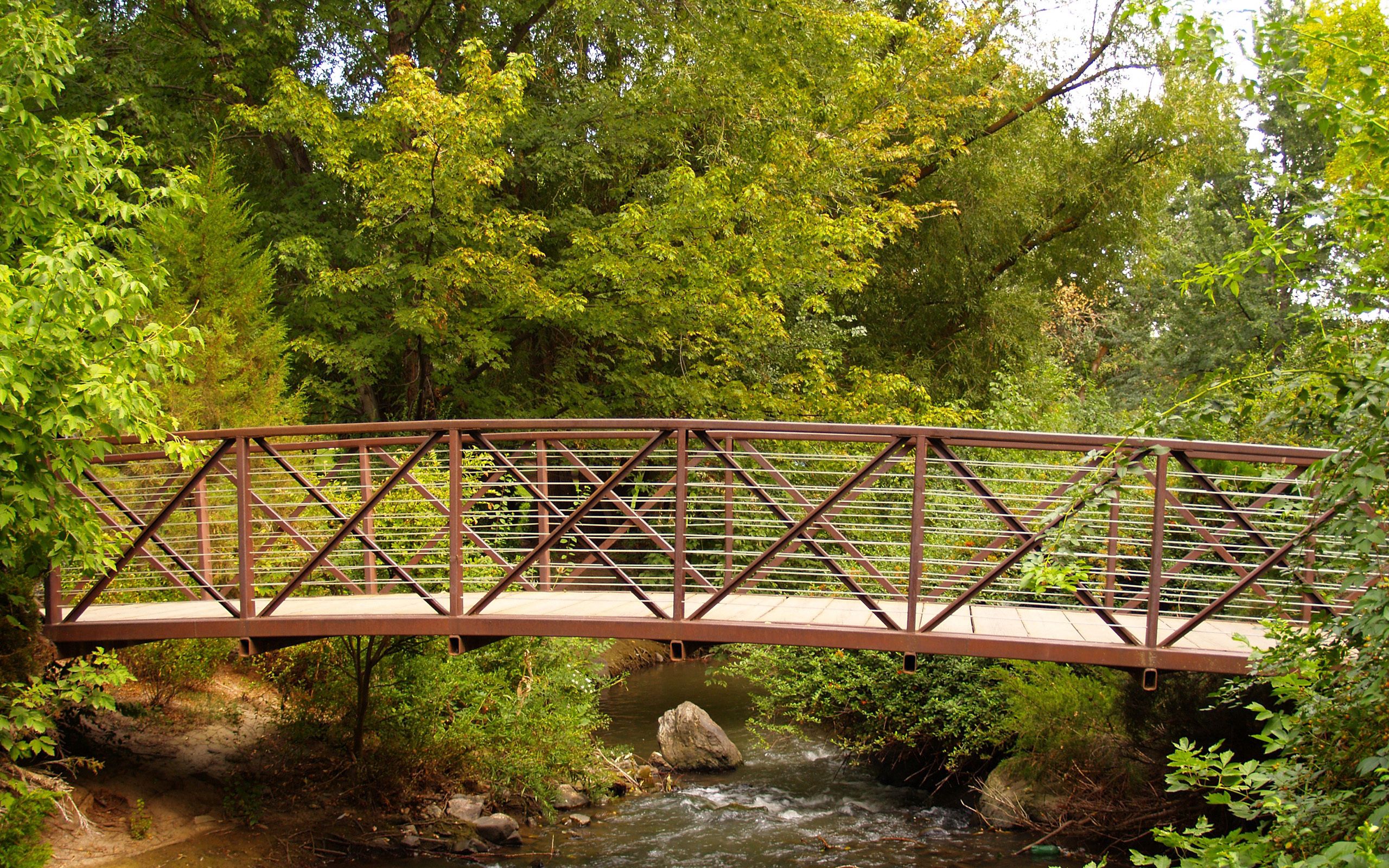 Download mobile wallpaper Brook, Iron, Bridge, Creek, Trees, Forest, Nature for free.