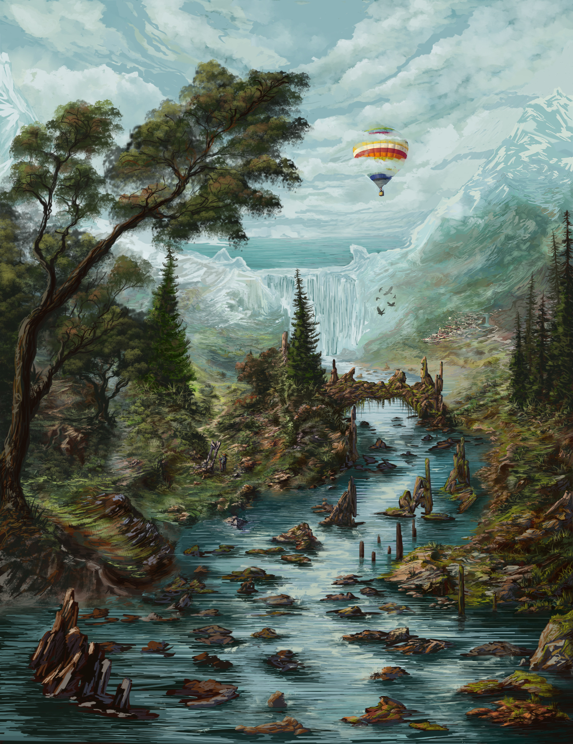 Handy-Wallpaper Luftballon, Ballon, Wasserfall, Kunst, Landschaft kostenlos herunterladen.