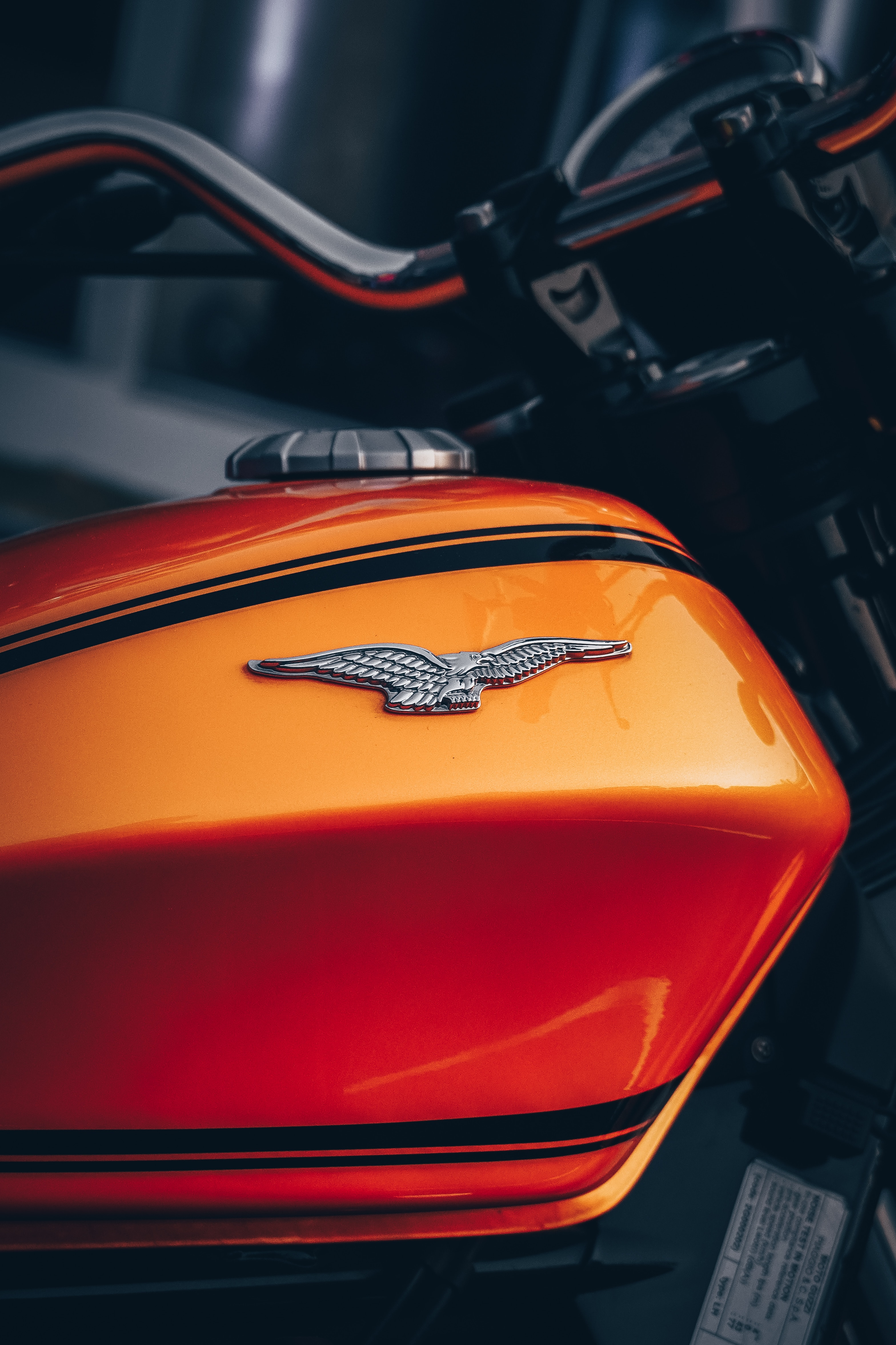 55667 скачать картинку мотоциклы, оранжевый, мотоцикл, байк, орел, эмблема, оранжевые - обои и заставки бесплатно