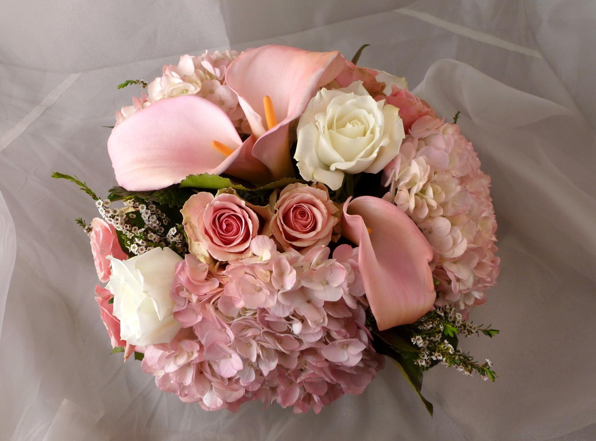 roses, flowers, bouquet, cloth, calla, tenderness, hydrangea, callas, tea tree desktop HD wallpaper