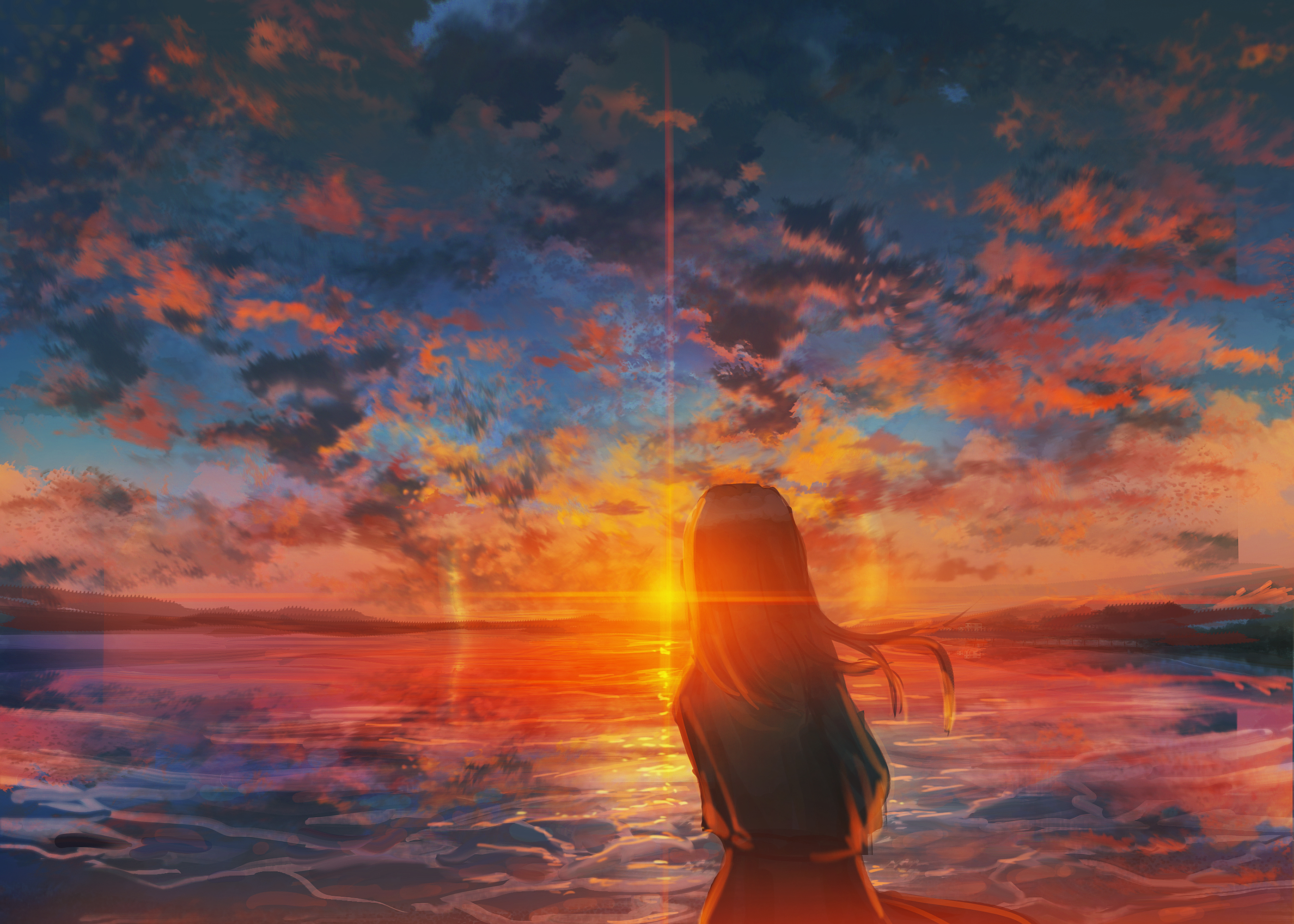 digital illustration anime girl looking at the sunset | Stable Diffusion