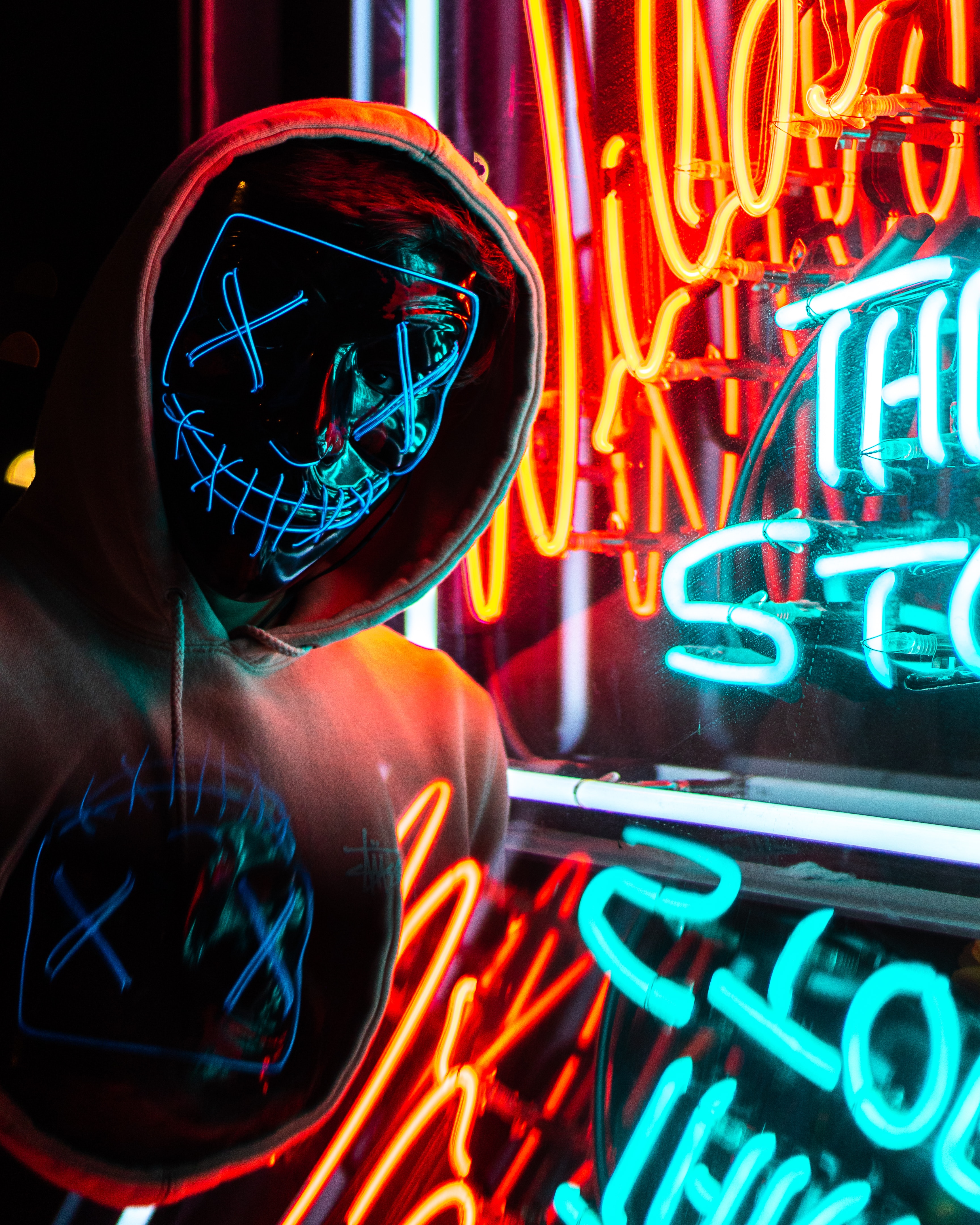neon, hood, mask, shine, light, miscellanea, miscellaneous, human, person Smartphone Background