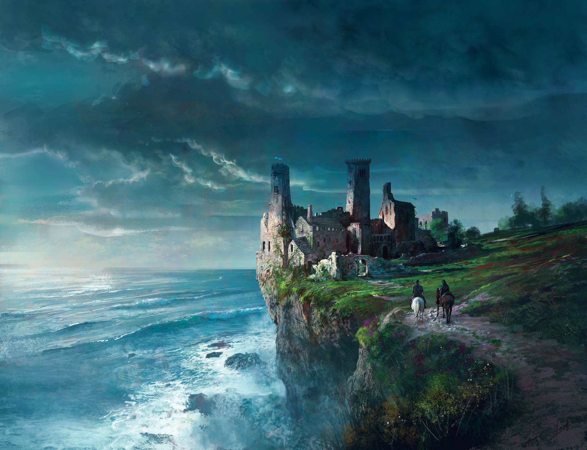 medieval, fantasy, castle, cliff, coast, ocean, castles
