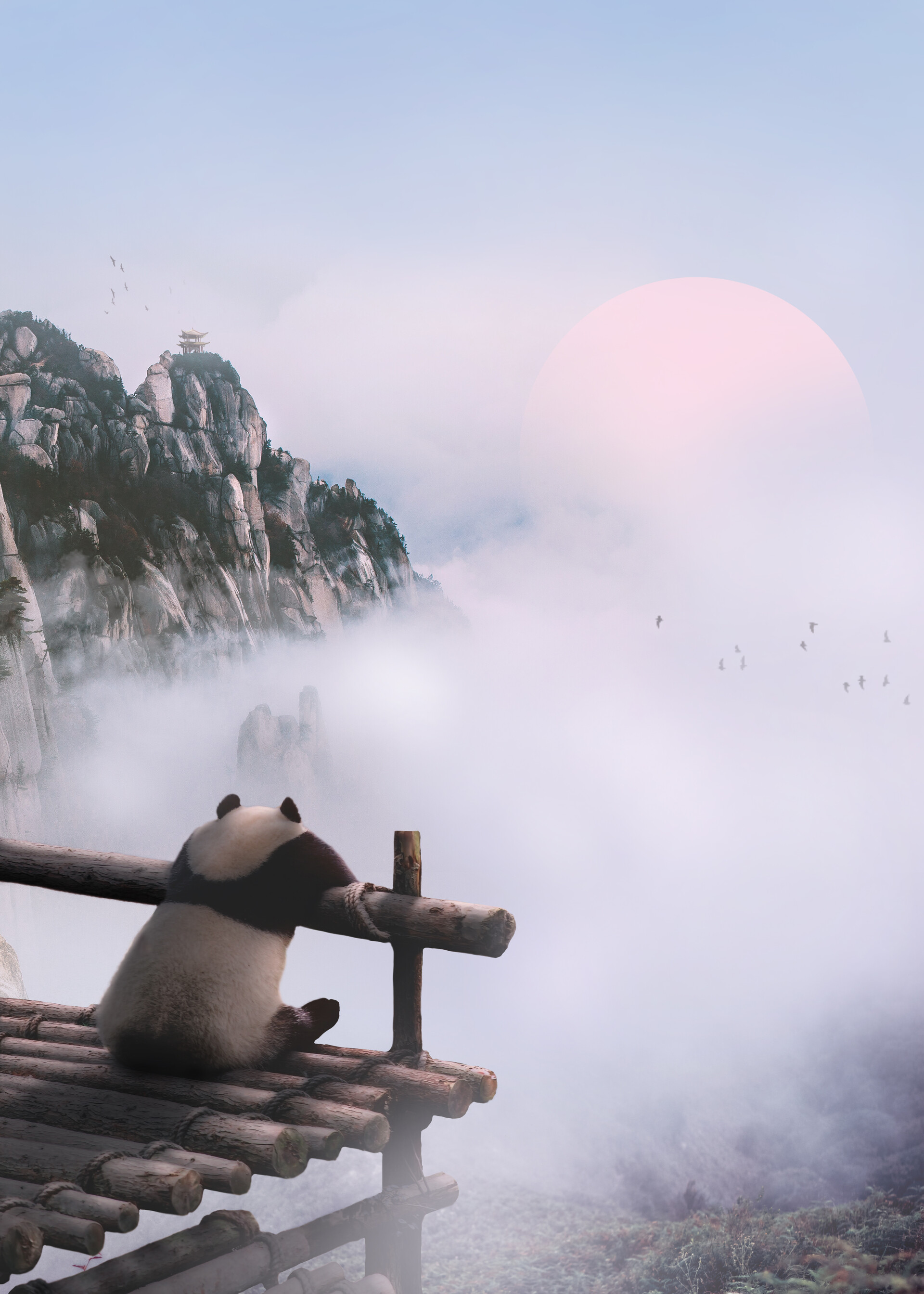 Скачать картинку Панда, Облака, Туман, Горы, Природа, Животные в телефон бесплатно.