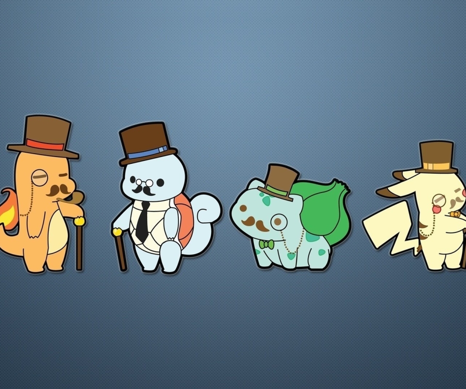 anime, pokémon, pikachu, bulbasaur (pokémon), monocle, squirtle (pokémon), starter pokemon, top hat, charmander (pokémon) lock screen backgrounds