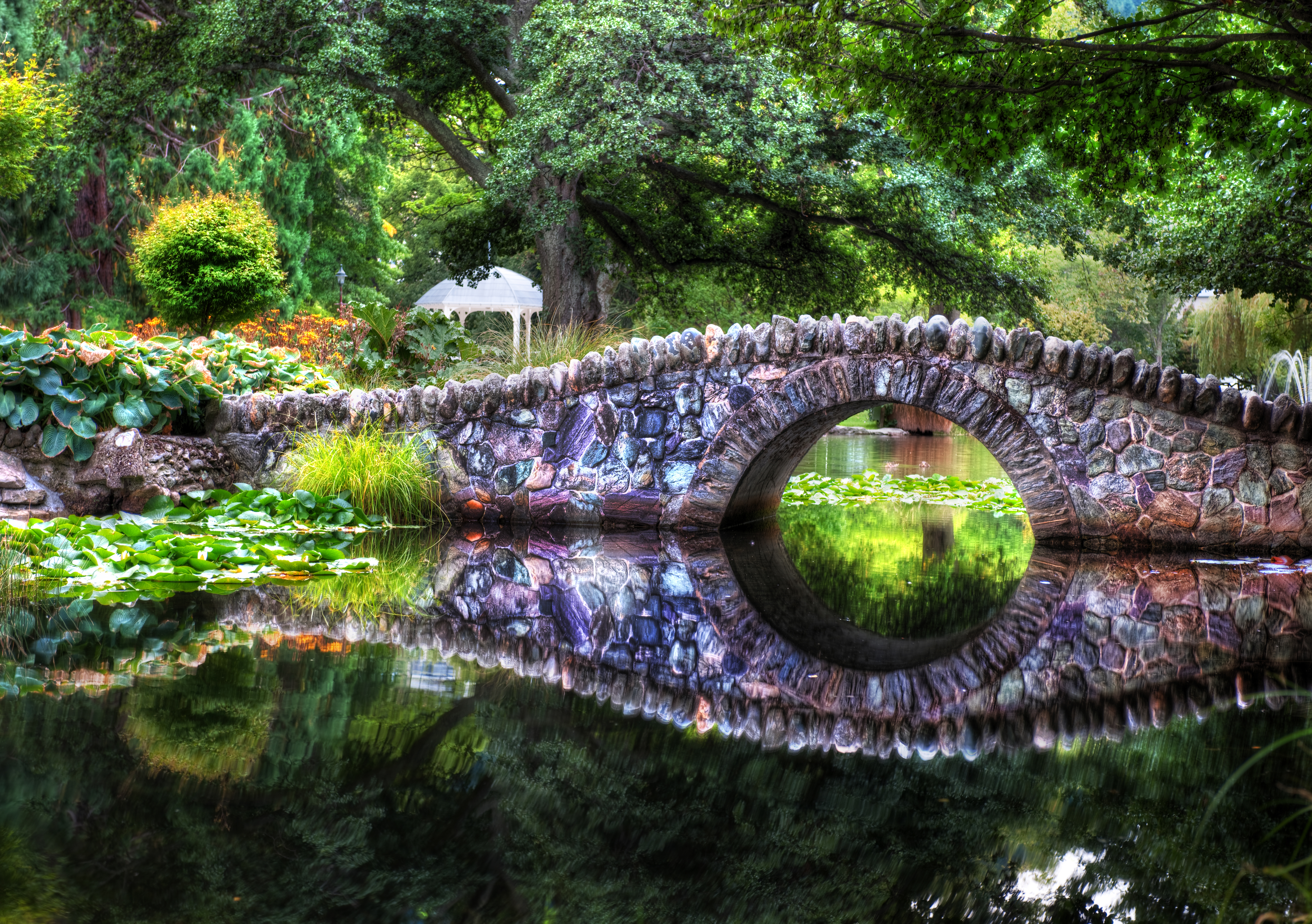 bridge, bridges, greenery, river, man made, pond, reflection, stone