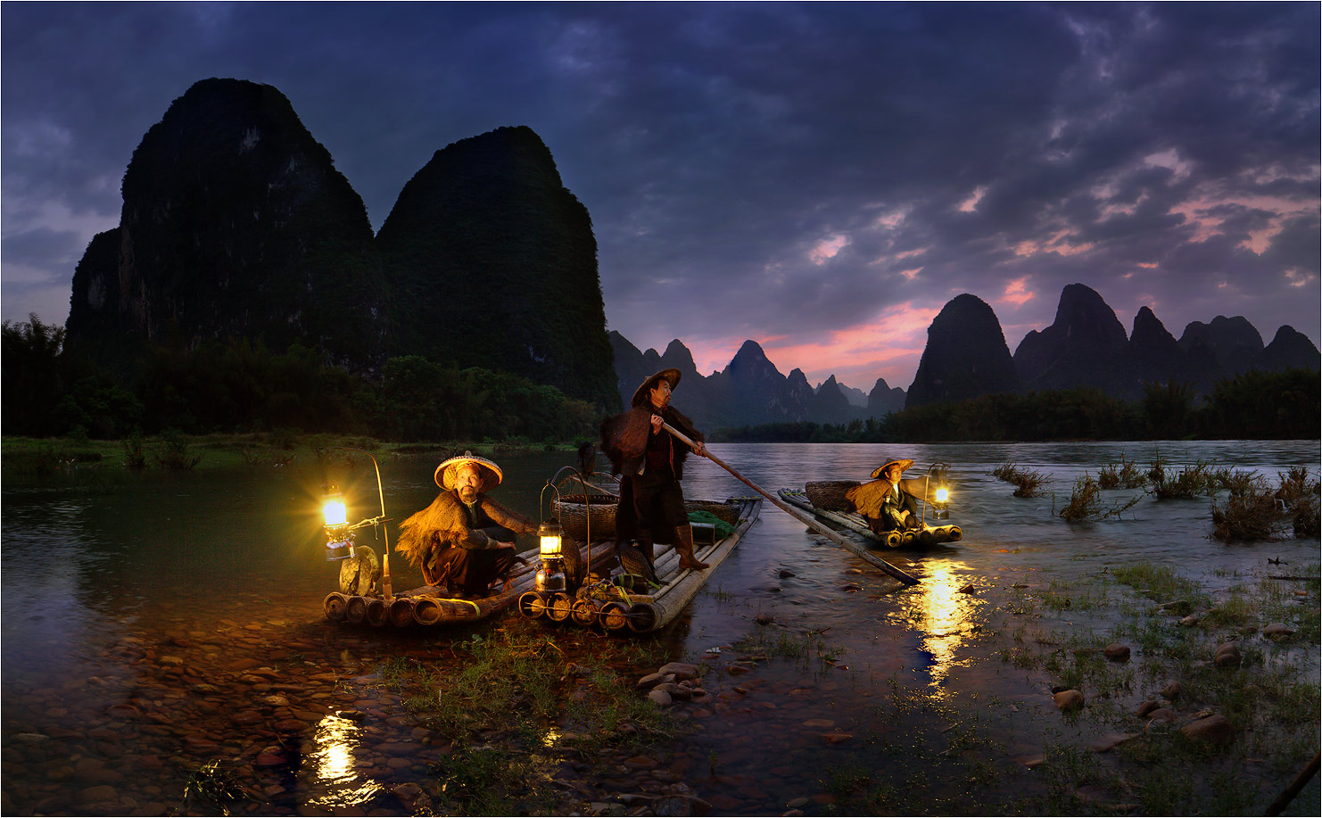 fisherman, photography, asian, boat, light, river HD wallpaper