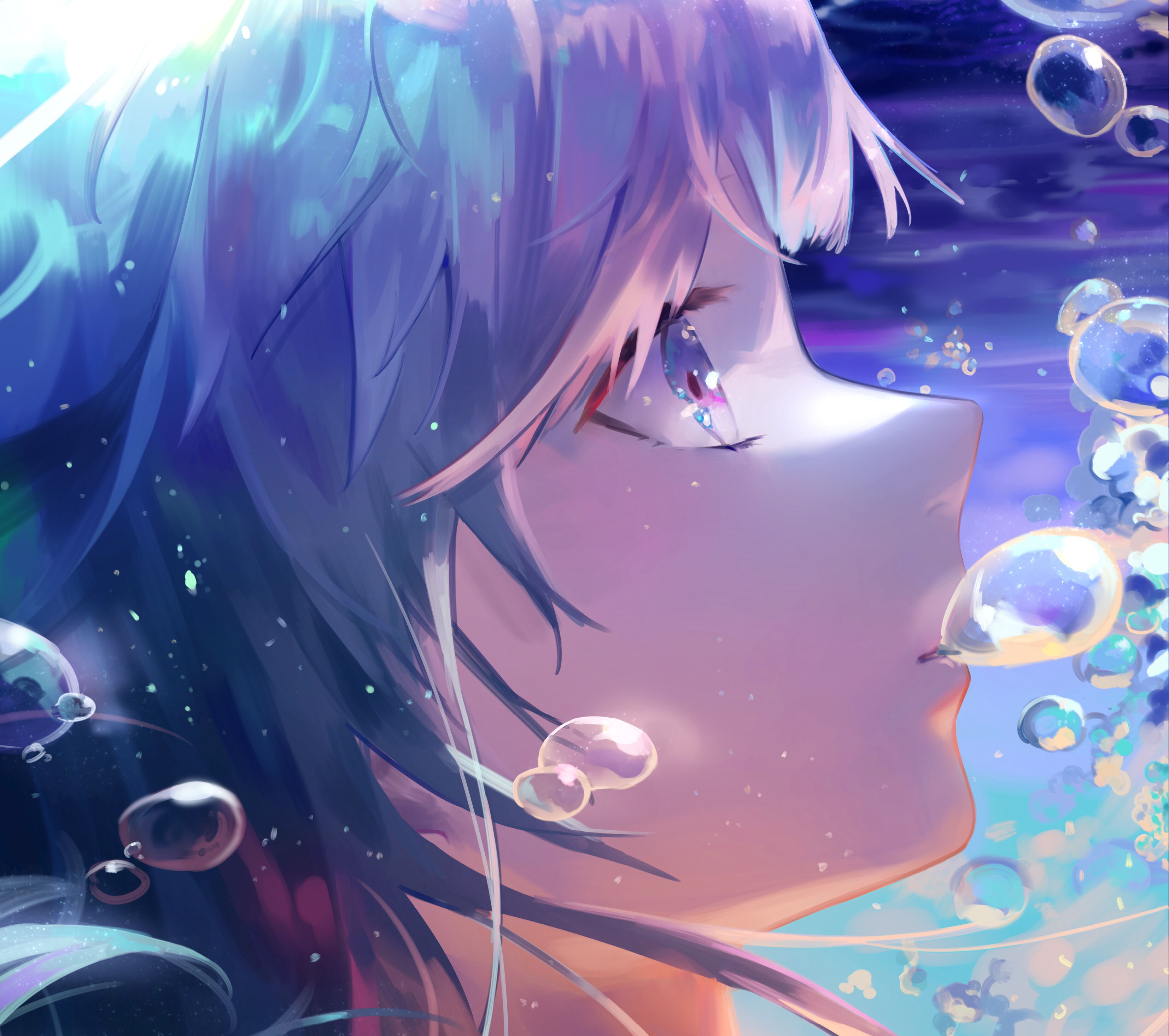 Anime, blue, art, girl, bubbles, manga, HD wallpaper