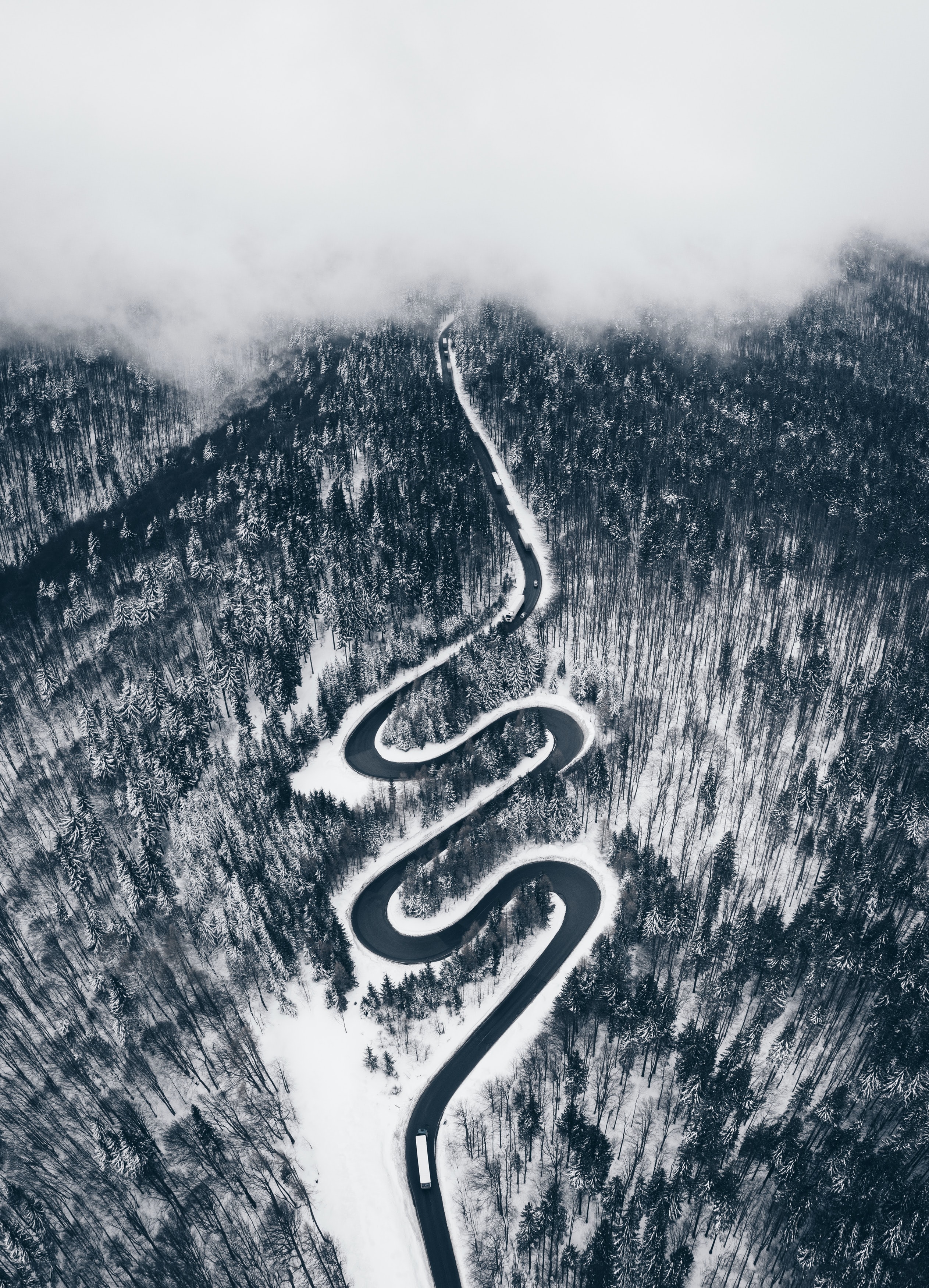 winding, forest, nature, snow, view from above, road, sinuous wallpaper for mobile
