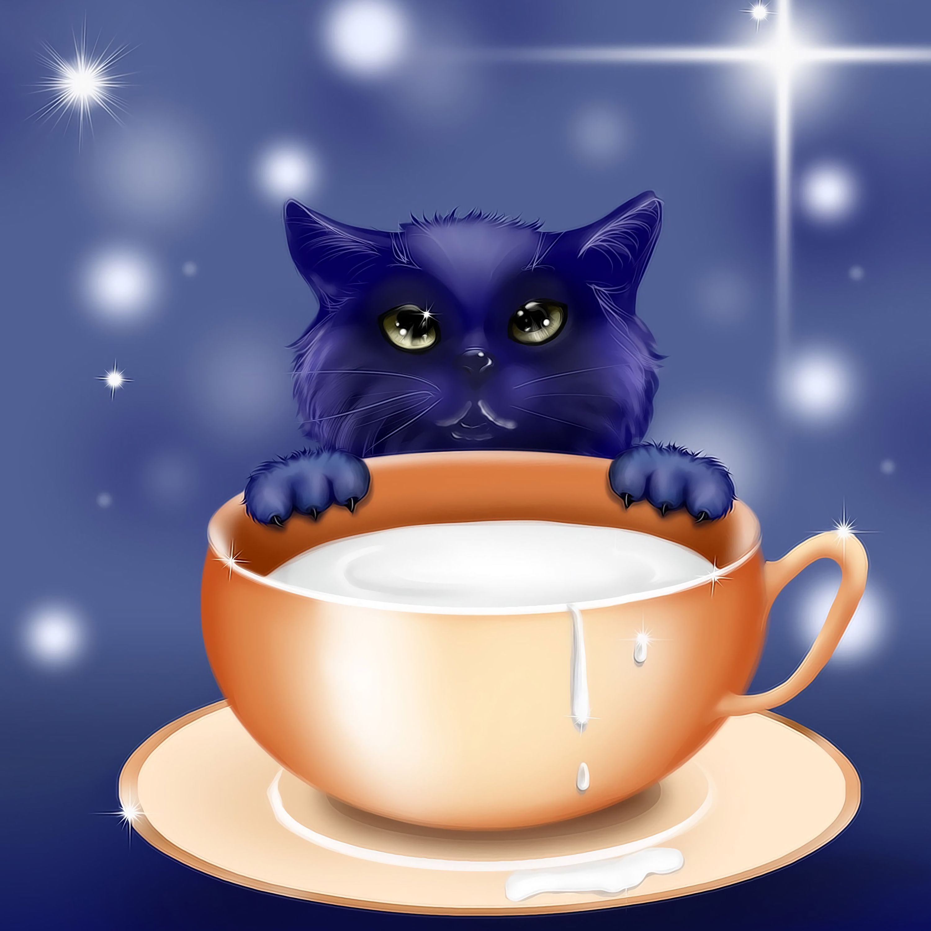 Download mobile wallpaper Kitty, Nice, Sweetheart, Kitten, Cup, Milk, Art for free.