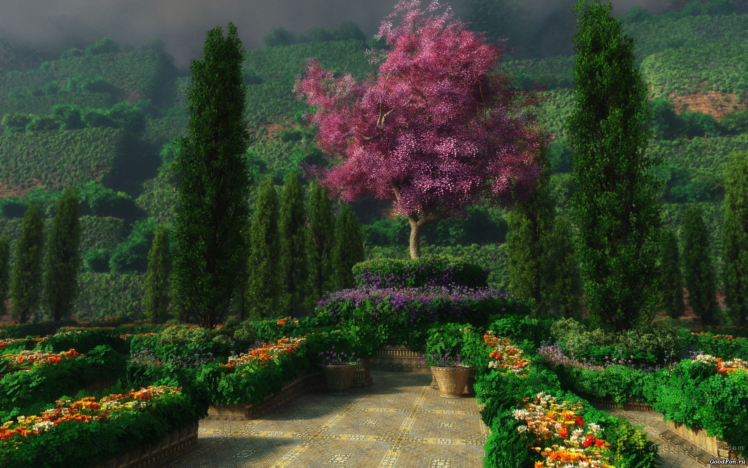 garden, 3d, landscape, trees, flowers