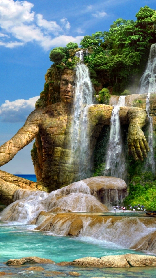 Download mobile wallpaper Waterfall, Tropics, Statue, Bay, Photography, Thailand, Manipulation, Tapu for free.