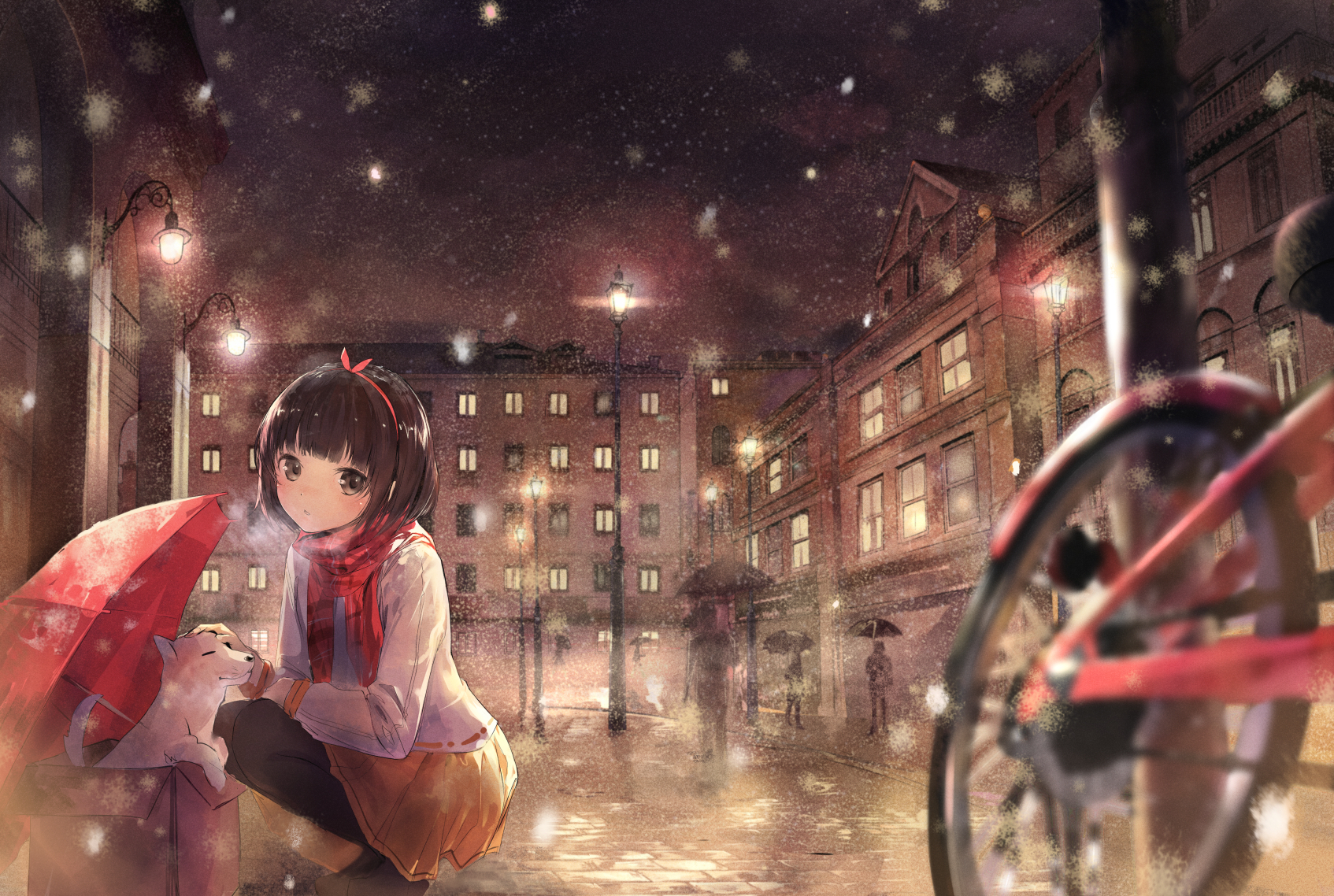 anime, original, bicycle, black hair, building, dog, night, scarf, short hair, street light, umbrella, winter