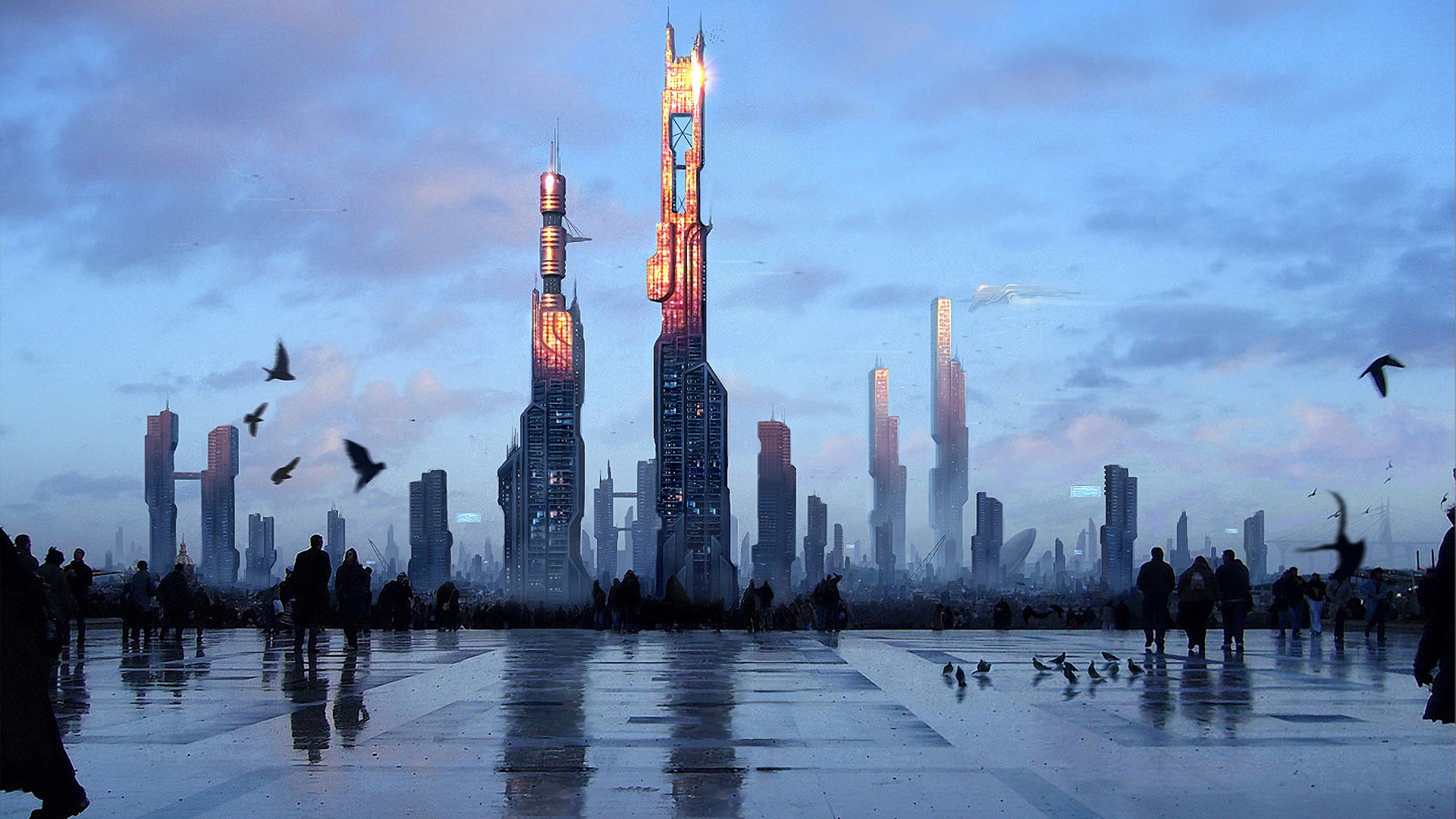futuristic, cityscape, sci fi, city, building, paris, pigeon, sky