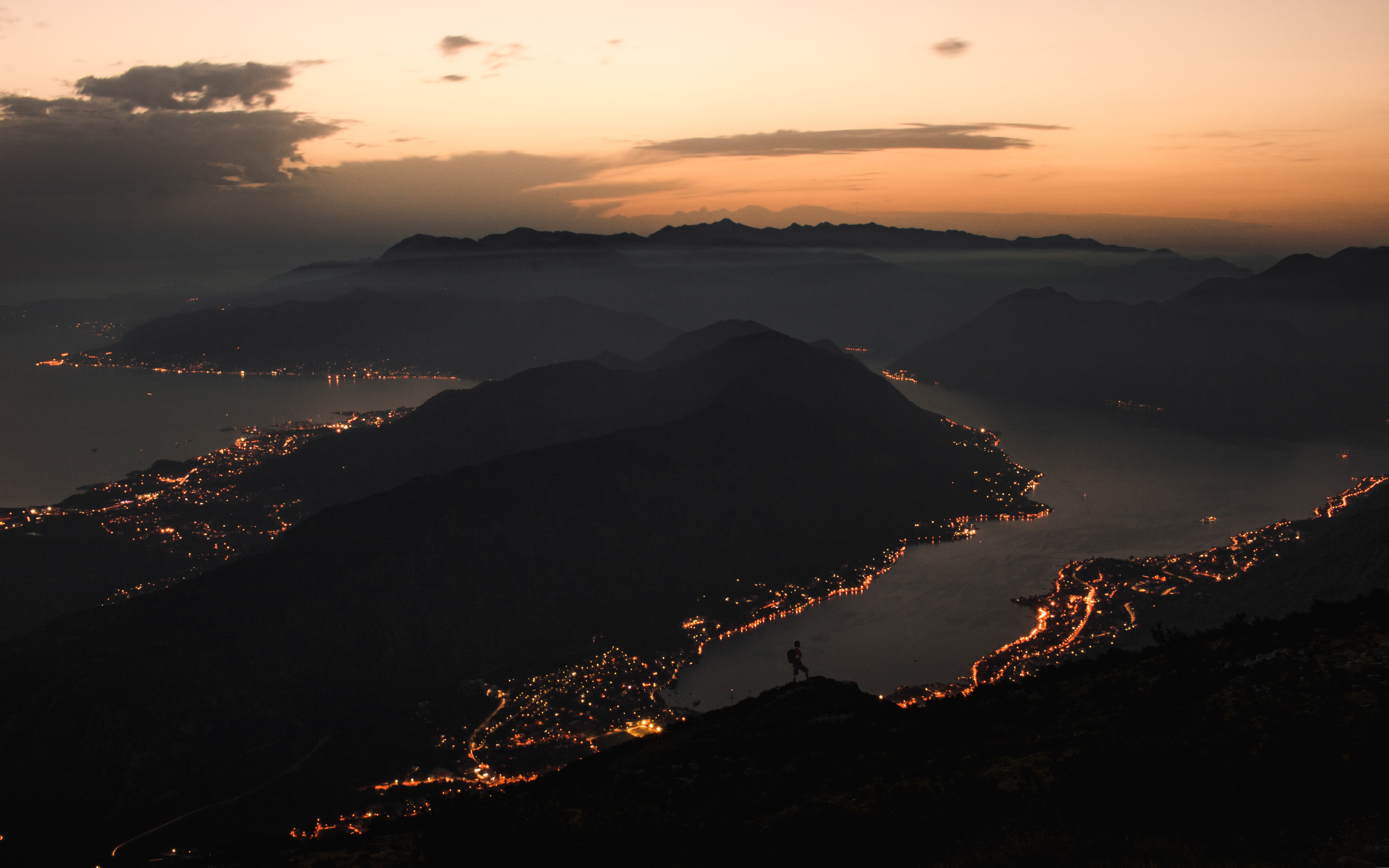 lights, night, dark, mountains, coast, city, view from above