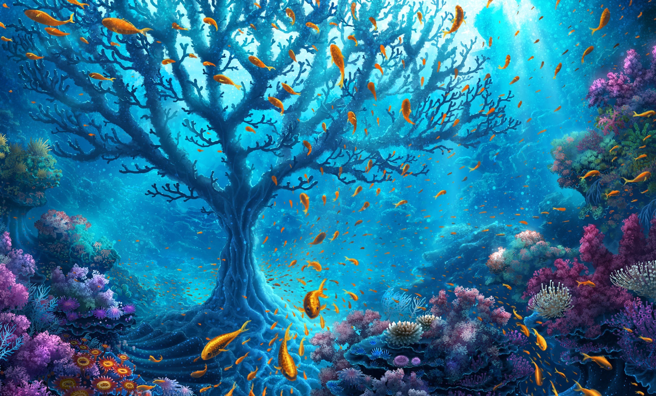 animal, artistic, coral, fish, ocean, plant, reef, sea life, sunbeam, tree, underwater