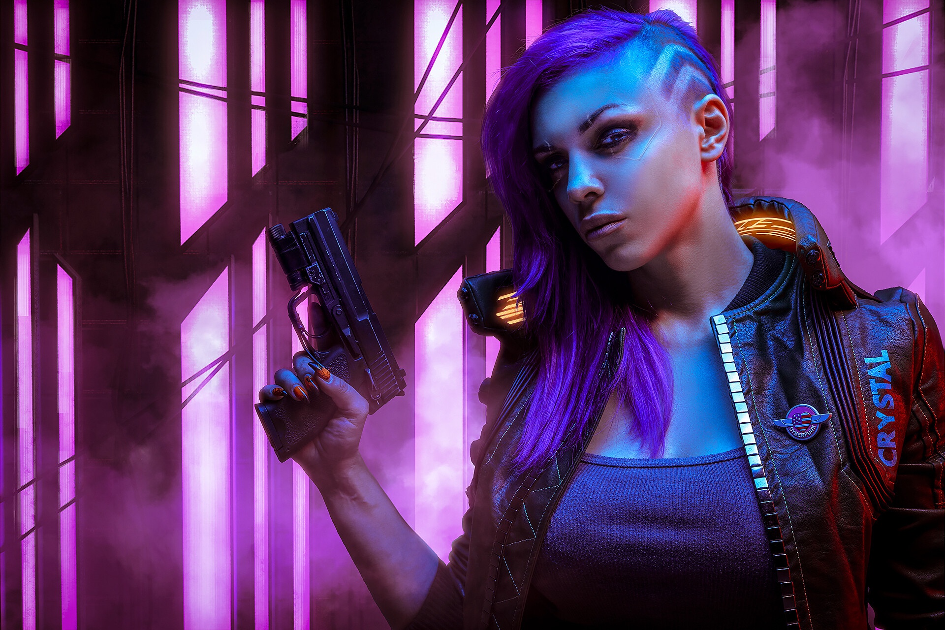 cyberpunk 2077, video game, gun, purple hair