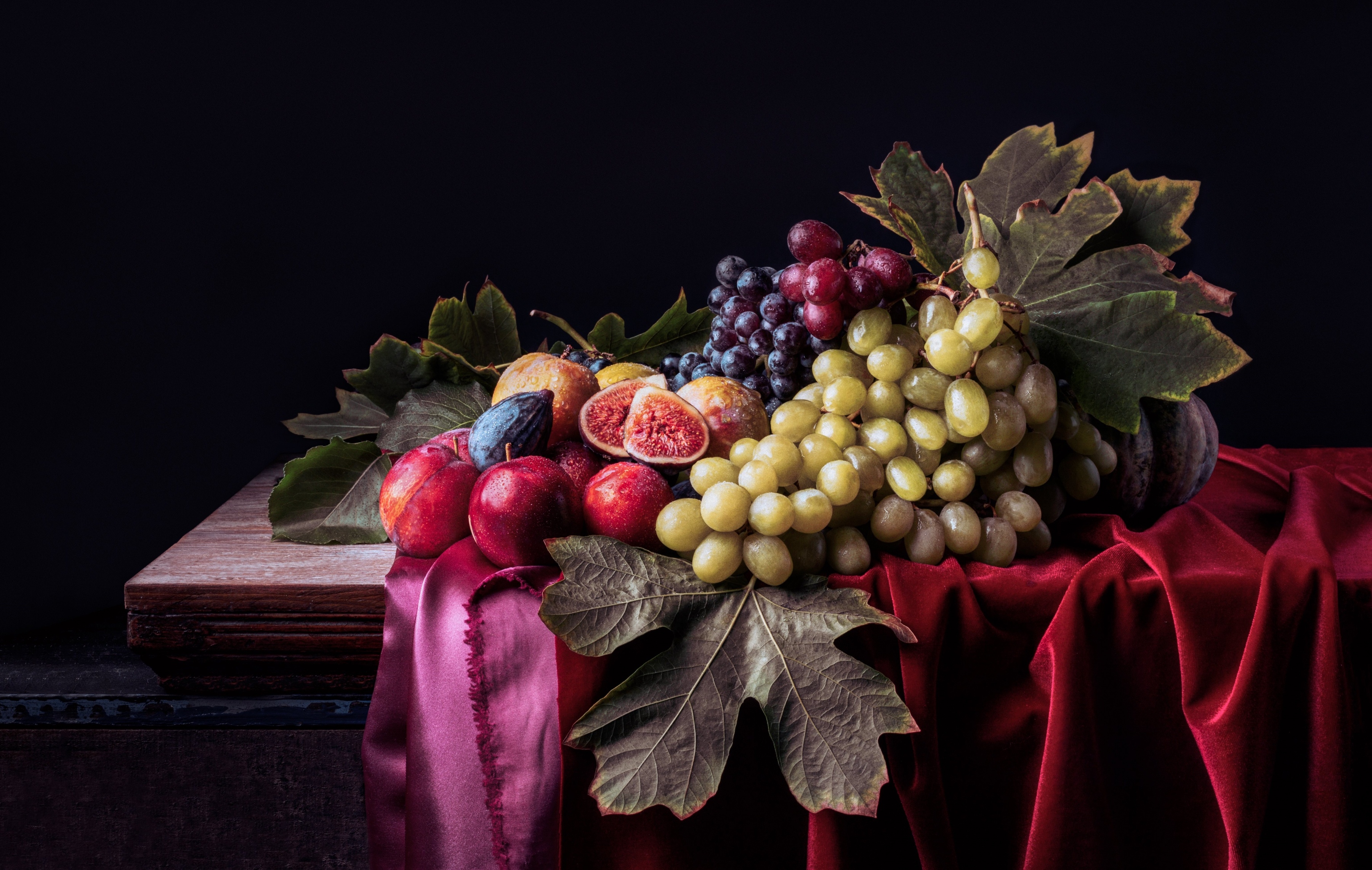 food, still life, apple, fig, grapes, nectarine Full HD