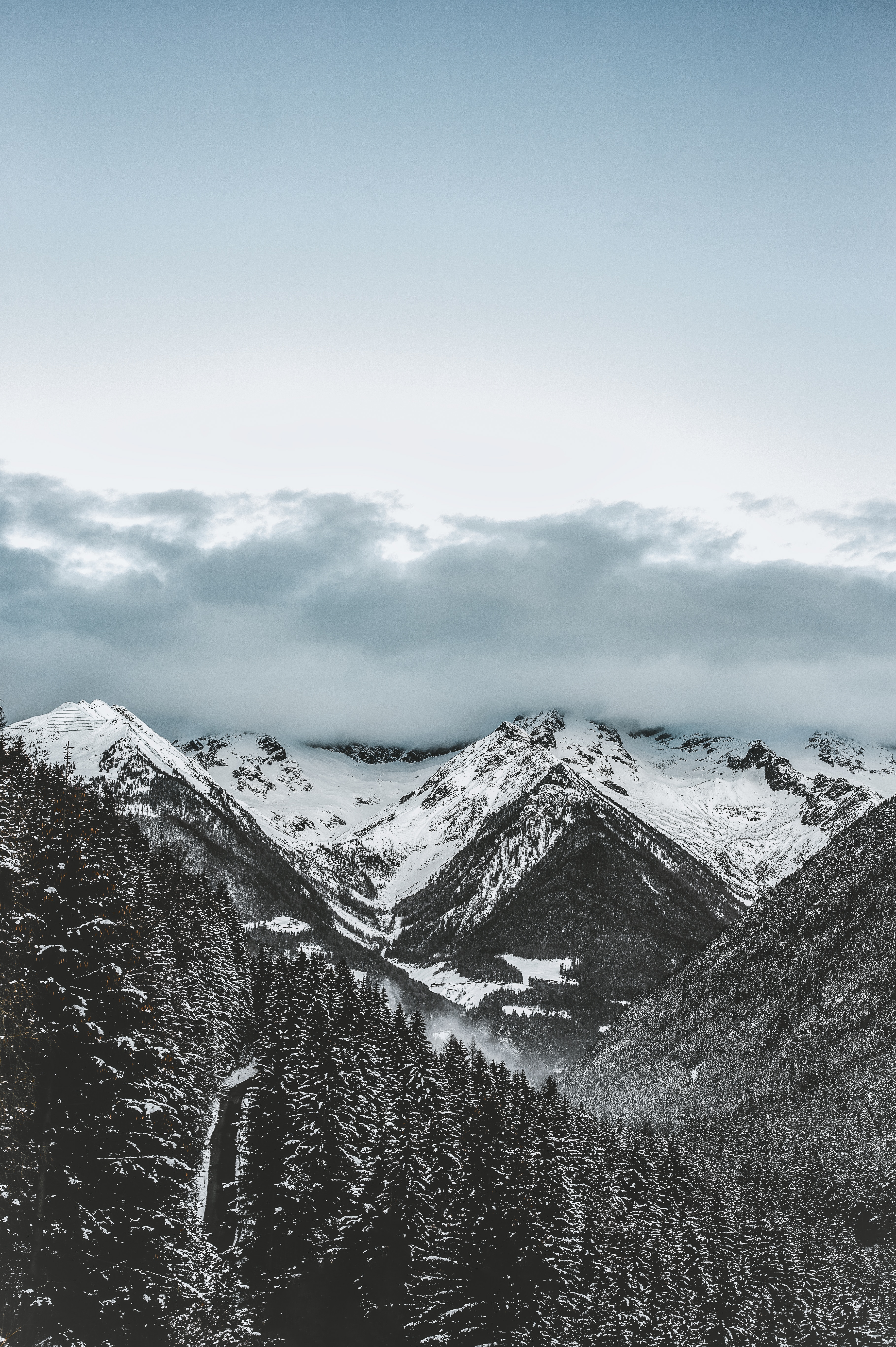 131164 Hintergrundbild herunterladen winter, natur, bäume, mountains, clouds, schnee, schneebedeckt, snowbound - Bildschirmschoner und Bilder kostenlos