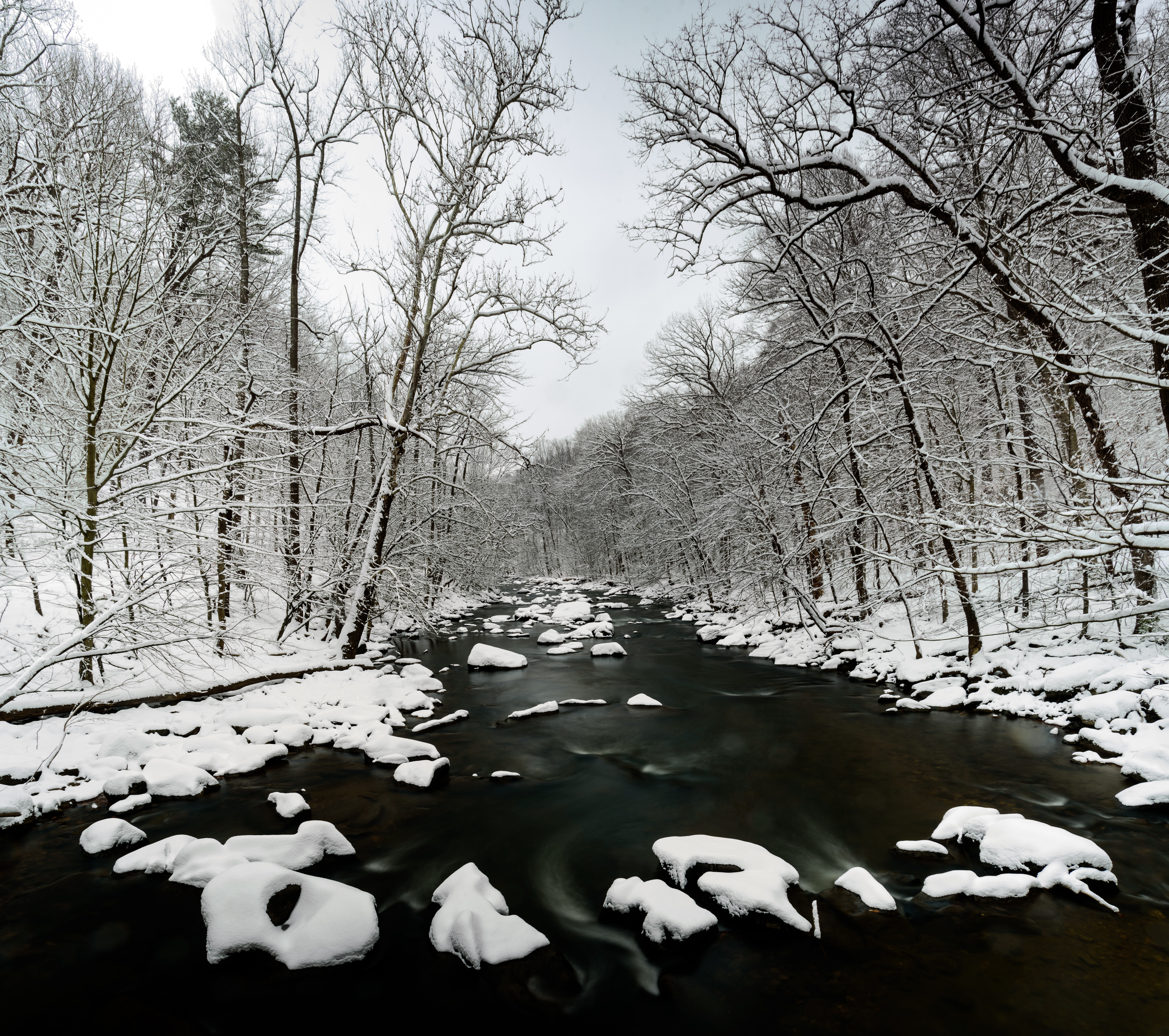 Download mobile wallpaper Trees, Nature, Snow, Rivers, Water, Winter for free.