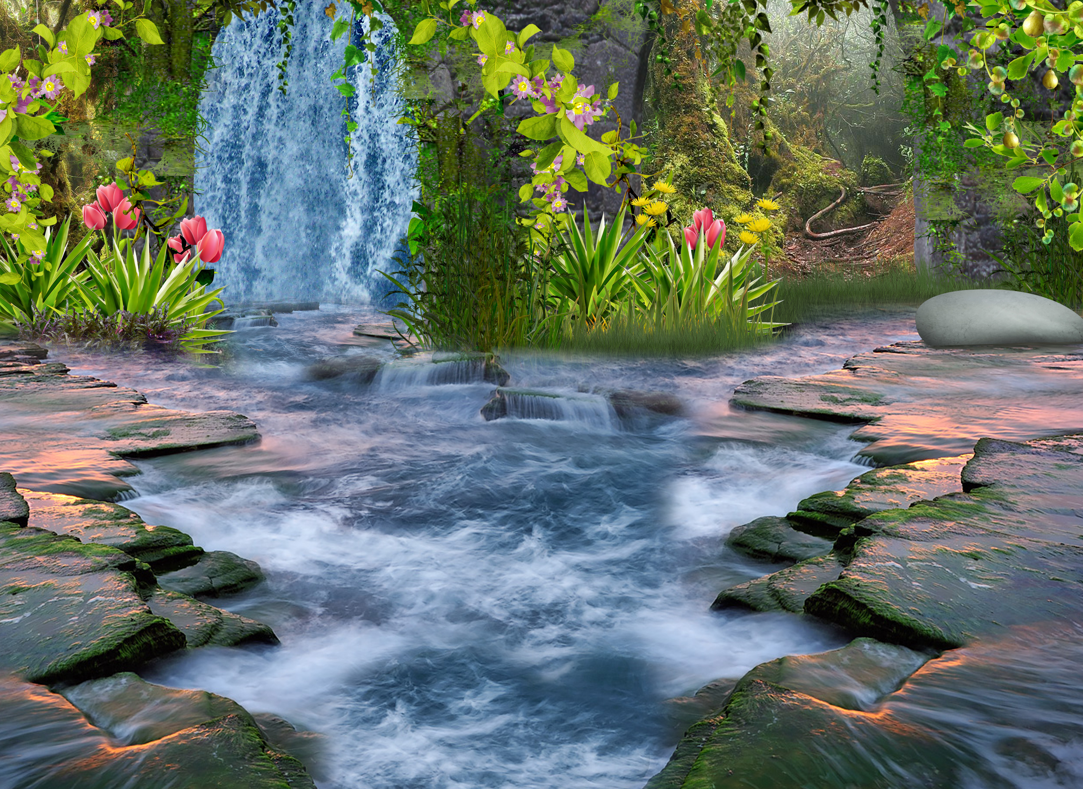 Cascad. Красивые водопады. Цветы на фоне водопада. Пейзаж водопад. Ручей водопад.