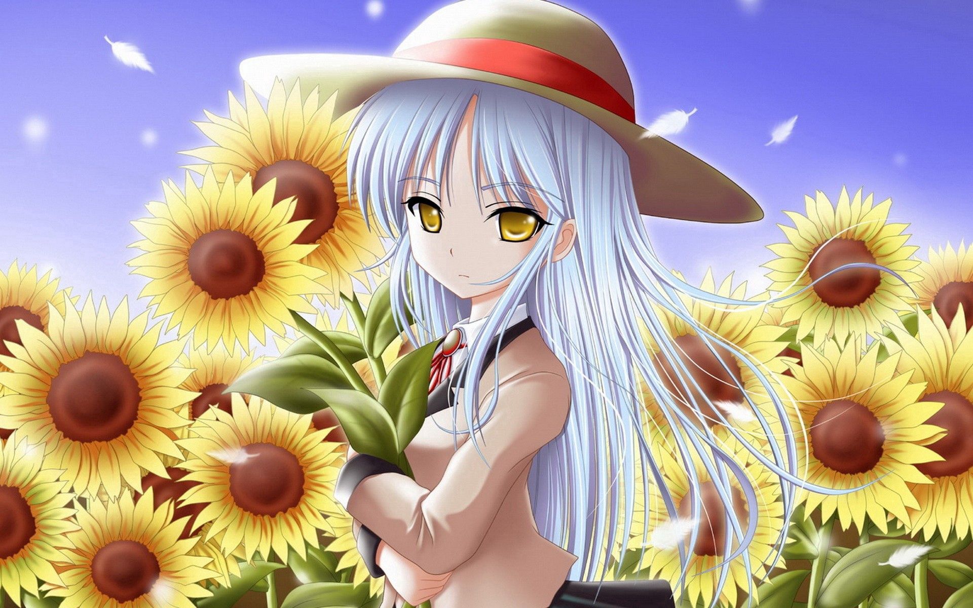 stroll, girl, anime, sunflowers, field
