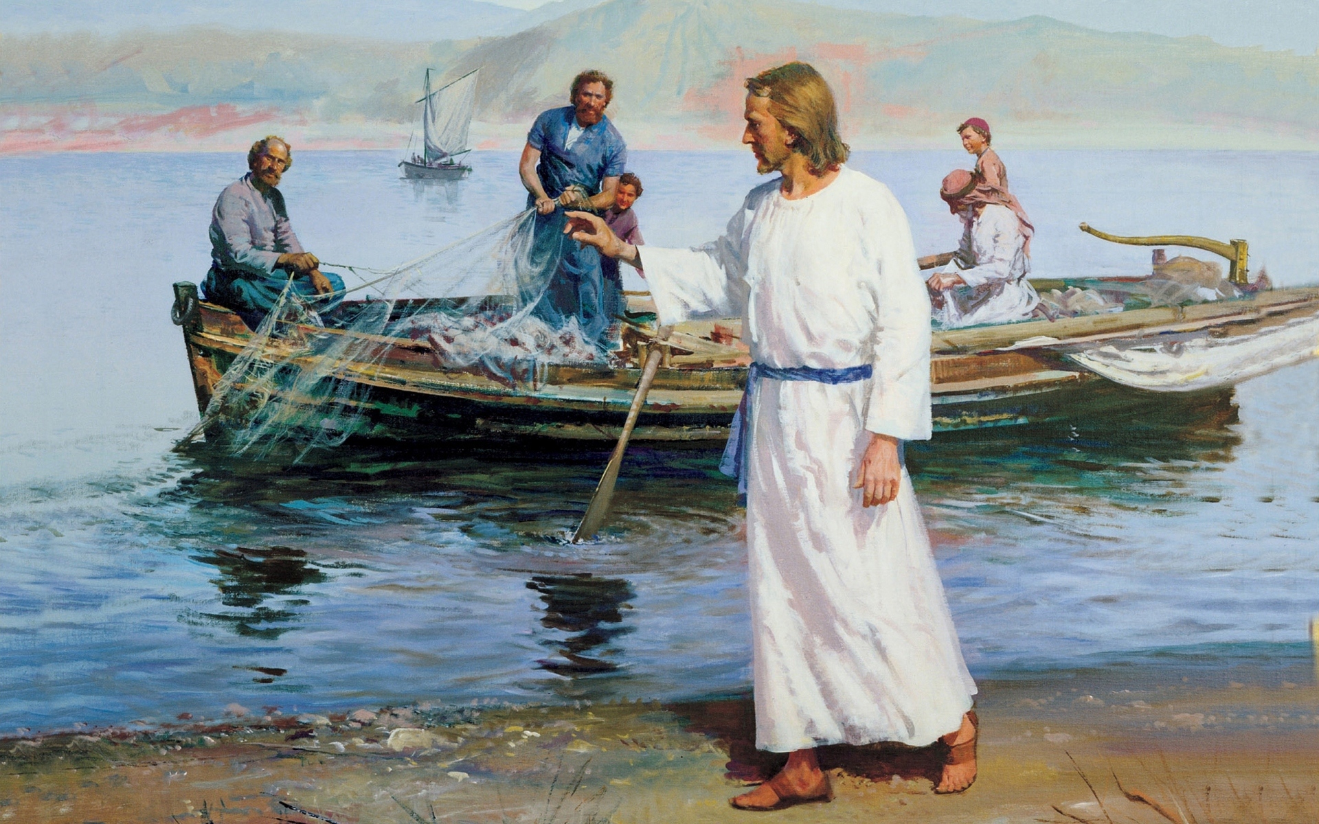 Download mobile wallpaper People, Water, Sea, Jesus, Boat, Painting, Religion, Religious for free.
