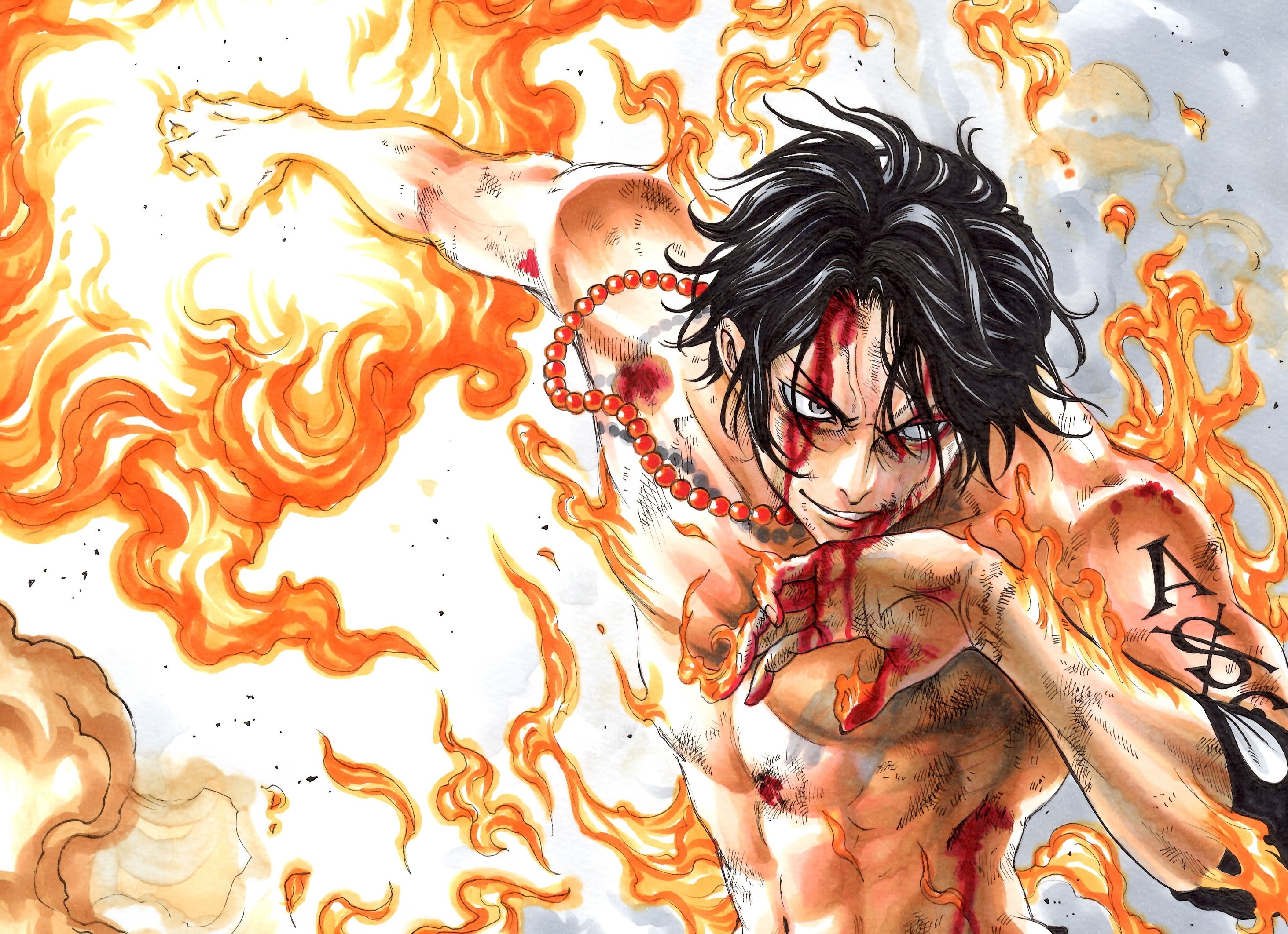 one piece, portgas d ace, black hair, anime, blood, flame, tattoo 2160p