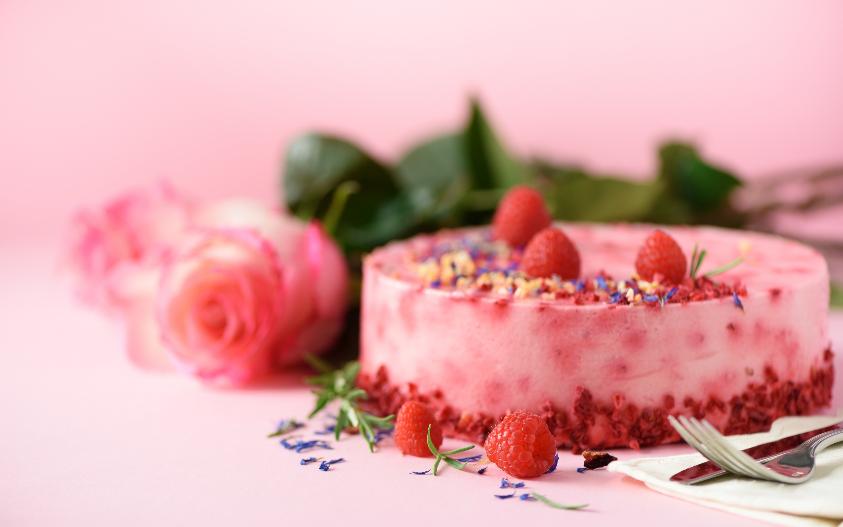 food, cake, flower, fork, knife, rose, strawberry UHD