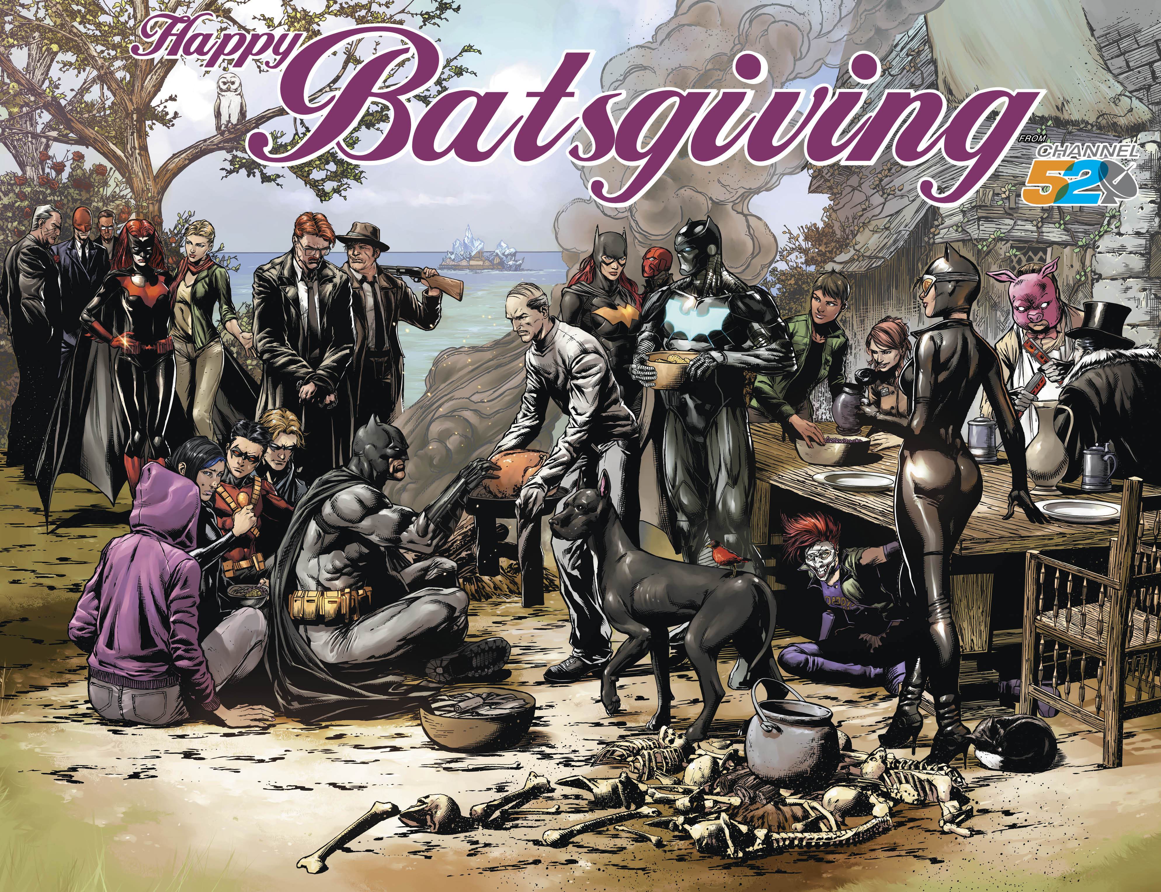 1920x1080 Background thanksgiving, comics, batman, ace the bat hound, batgirl, catwoman, james gordon, penguin (dc comics), robin (dc comics)