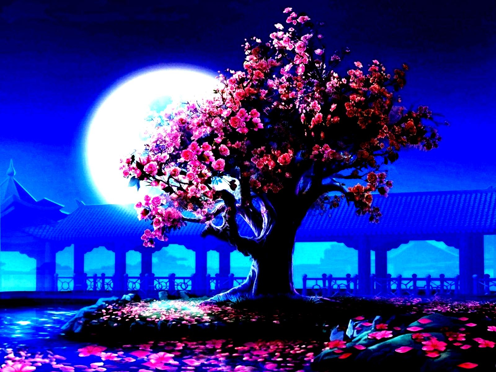 Download mobile wallpaper Pink, Moon, Flower, Tree, Artistic, Petal, Moonlight for free.