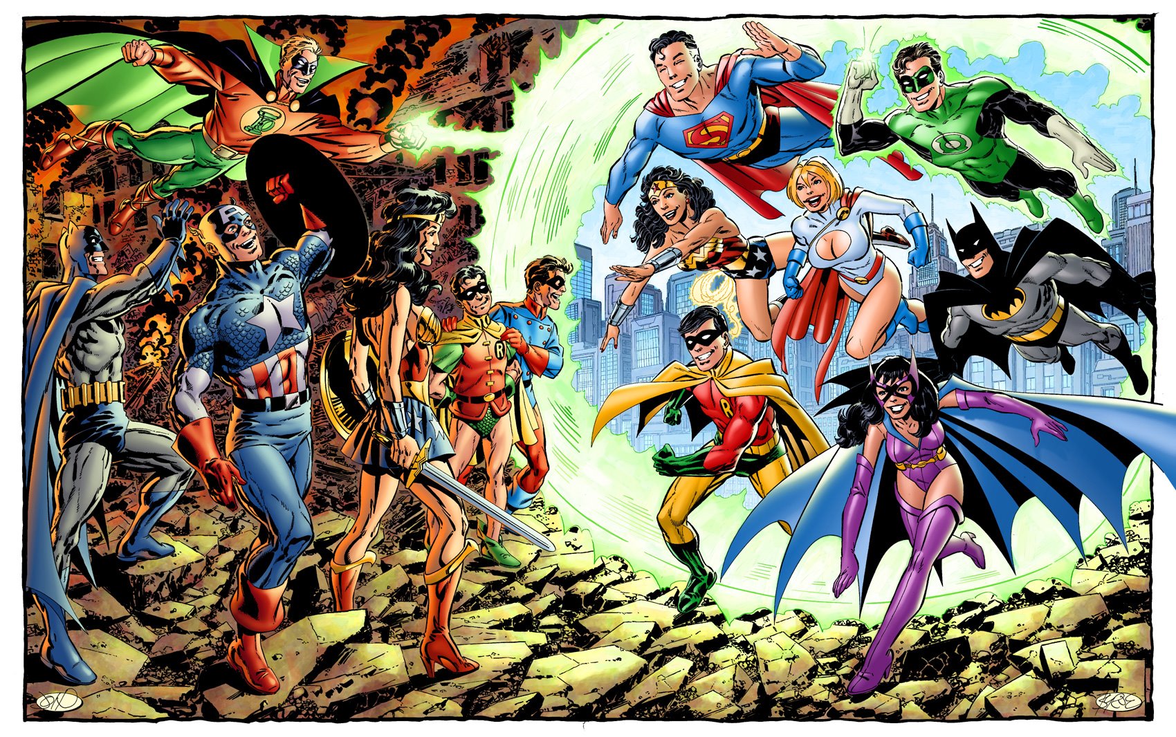 comics, collage, batman, bucky barnes, captain america, green lantern, huntress (dc comics), power girl, robin (dc comics), superman, wonder woman Smartphone Background